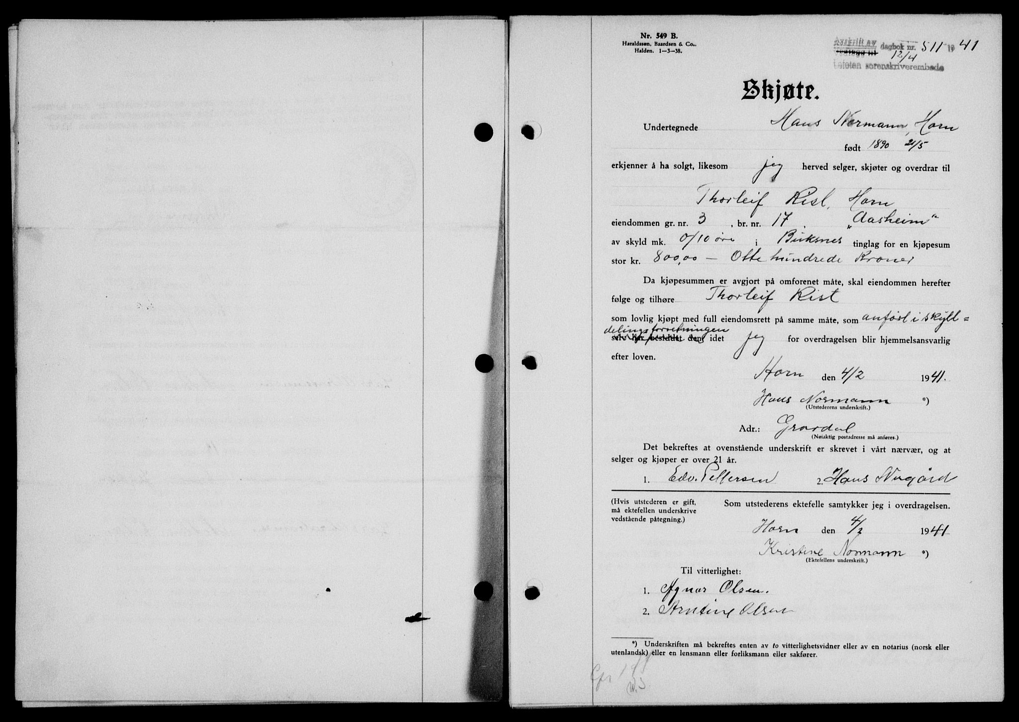 Lofoten sorenskriveri, SAT/A-0017/1/2/2C/L0008a: Mortgage book no. 8a, 1940-1941, Diary no: : 511/1941