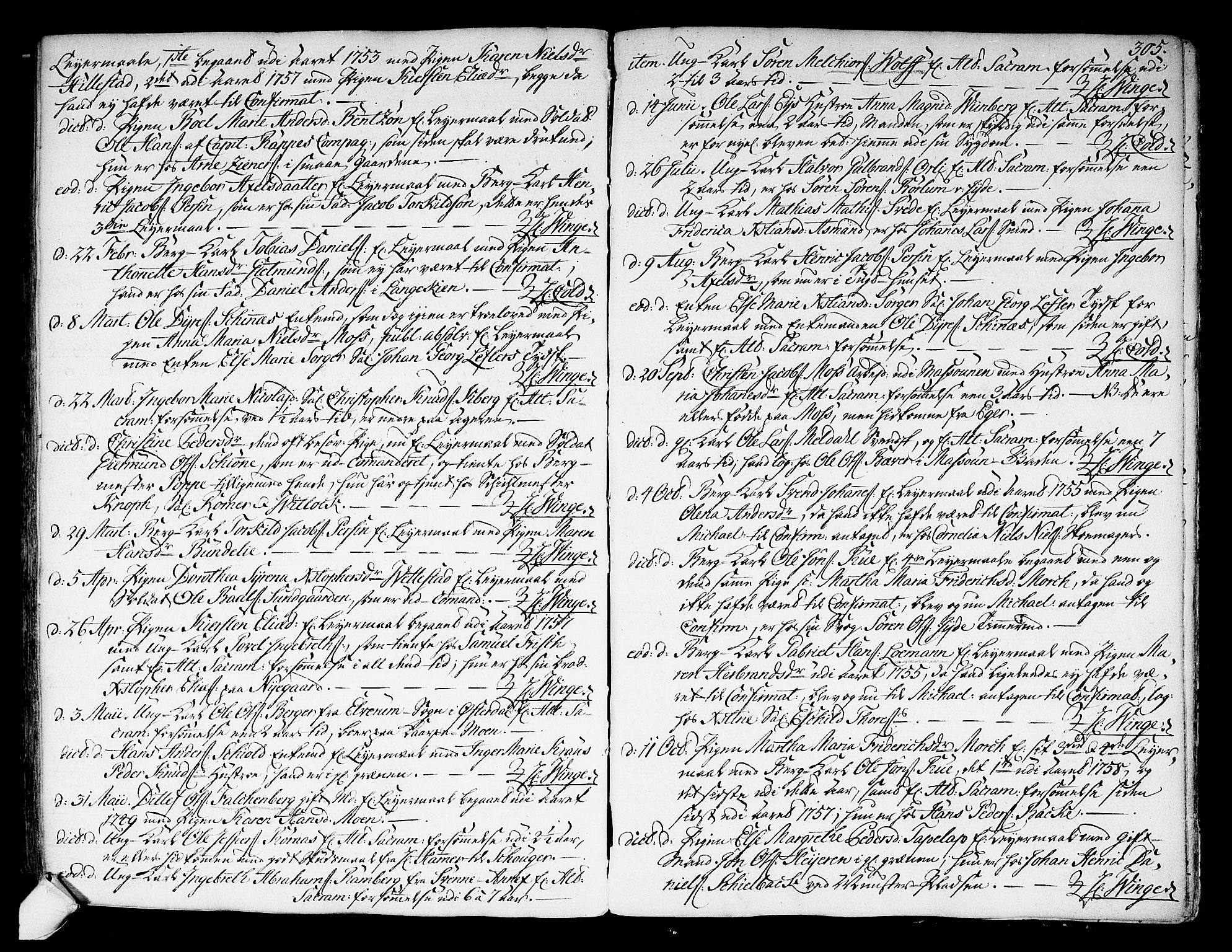 Kongsberg kirkebøker, SAKO/A-22/F/Fa/L0004: Parish register (official) no. I 4, 1756-1768, p. 305