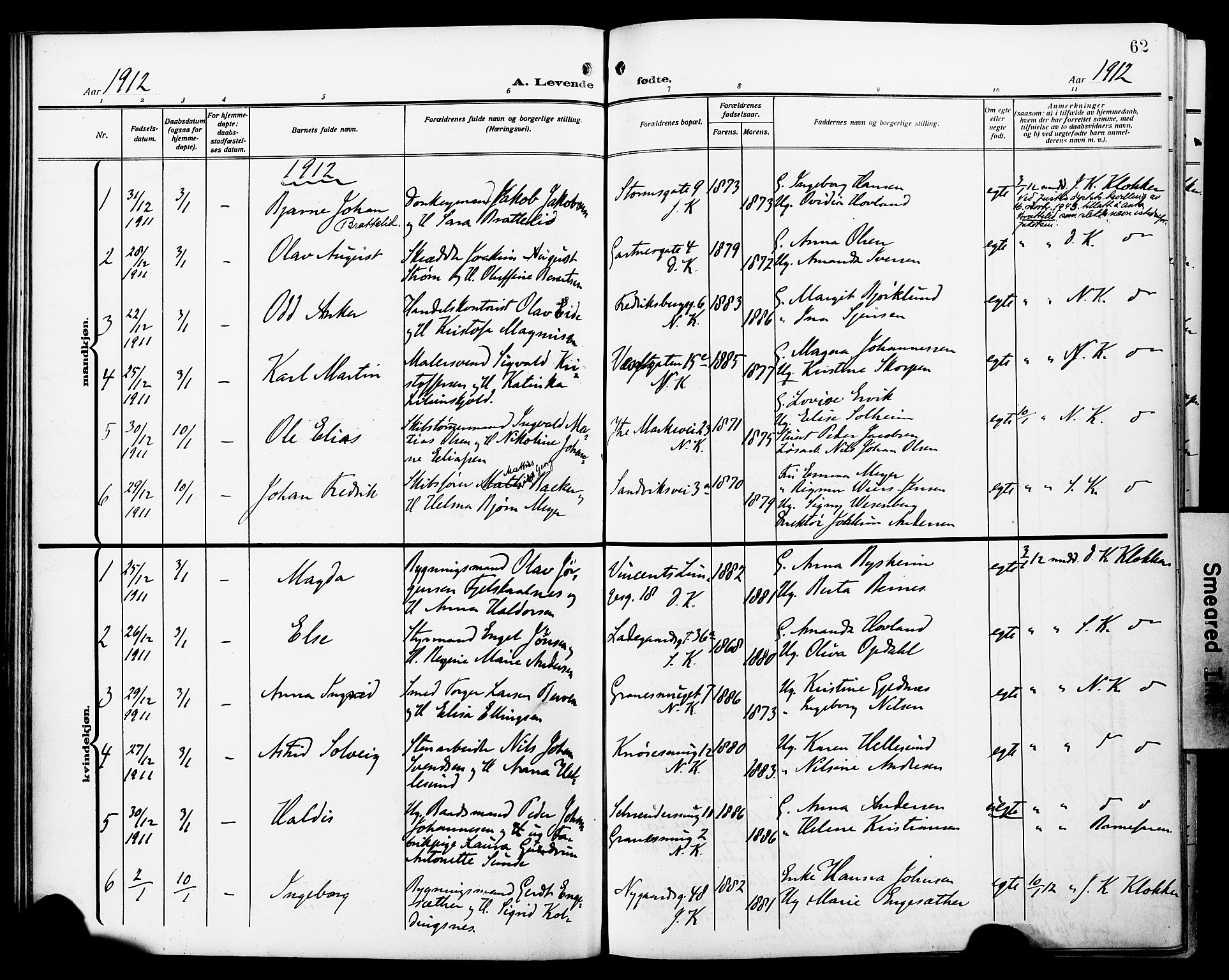Fødselsstiftelsens sokneprestembete*, SAB/-: Parish register (official) no. A 4, 1910-1918, p. 62