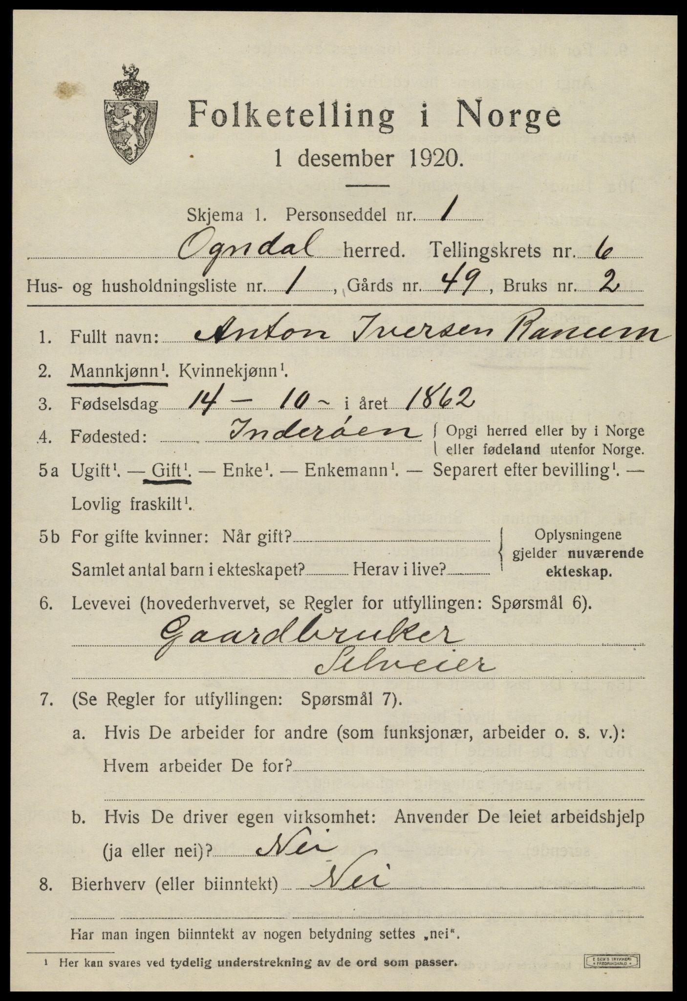 SAT, 1920 census for Ogndal, 1920, p. 2283