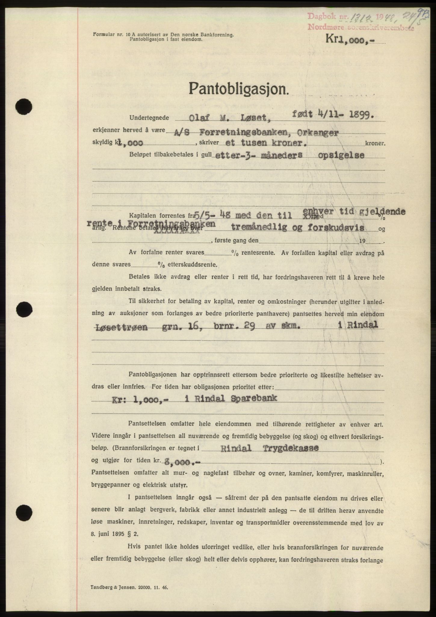 Nordmøre sorenskriveri, AV/SAT-A-4132/1/2/2Ca: Mortgage book no. B98, 1948-1948, Diary no: : 1312/1948