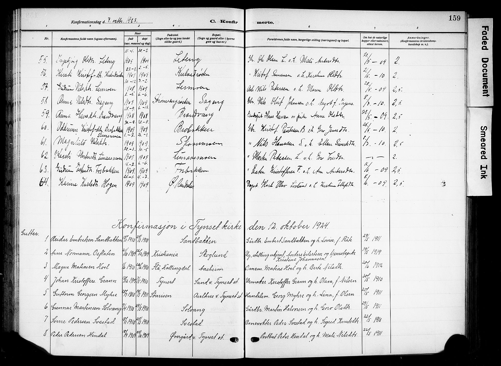 Tynset prestekontor, SAH/PREST-058/H/Ha/Hab/L0011: Parish register (copy) no. 11, 1915-1930, p. 159