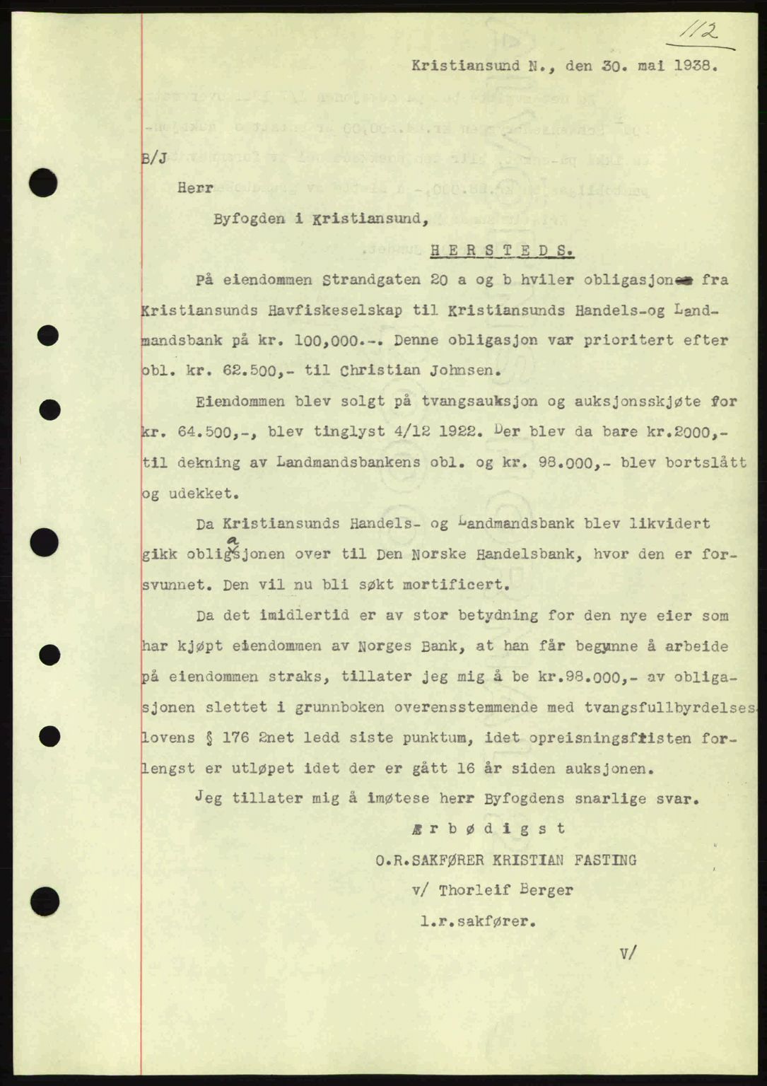 Kristiansund byfogd, AV/SAT-A-4587/A/27: Mortgage book no. 31, 1938-1939, Diary no: : 434/1938