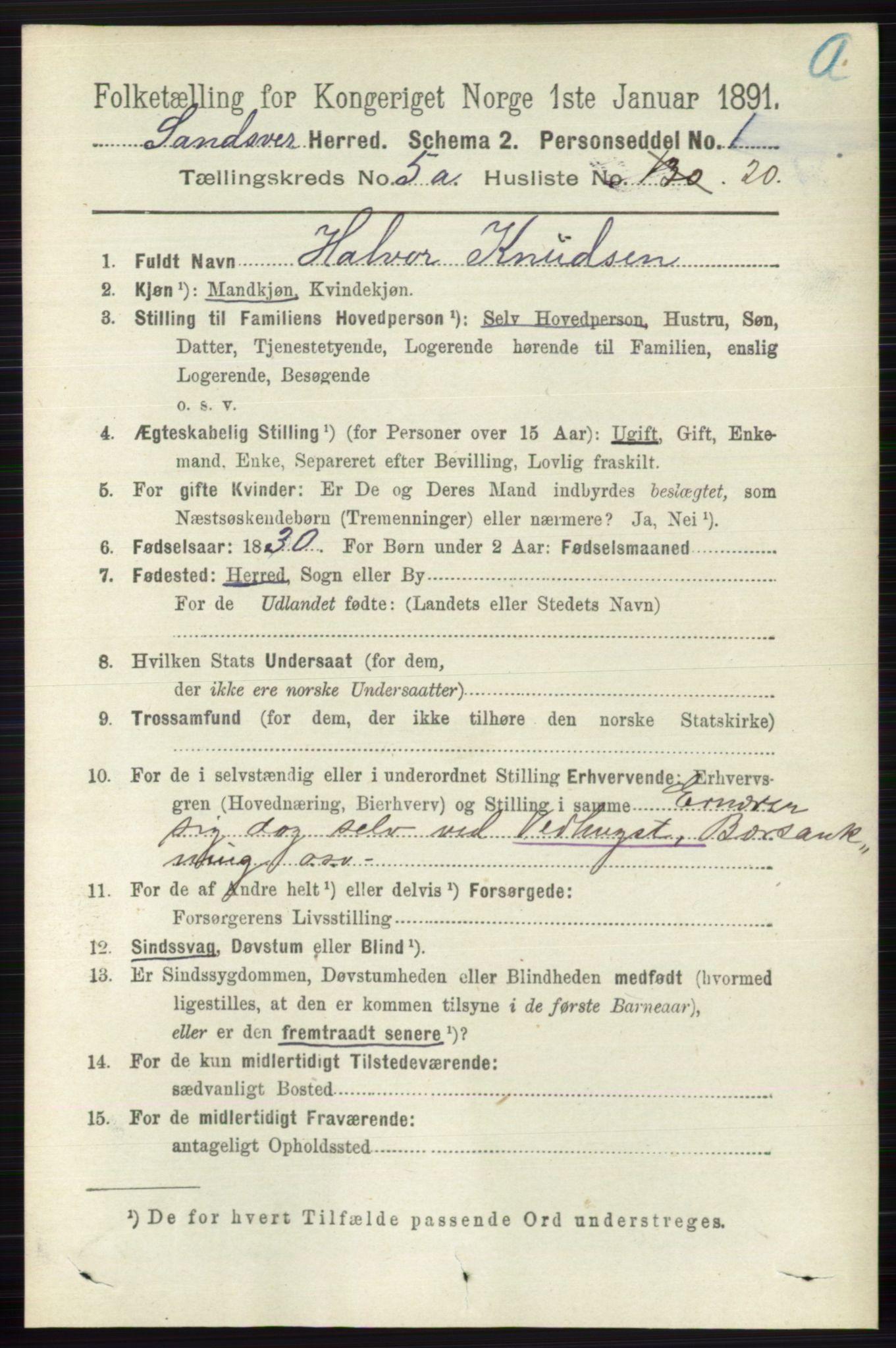 RA, 1891 census for 0629 Sandsvær, 1891, p. 2598