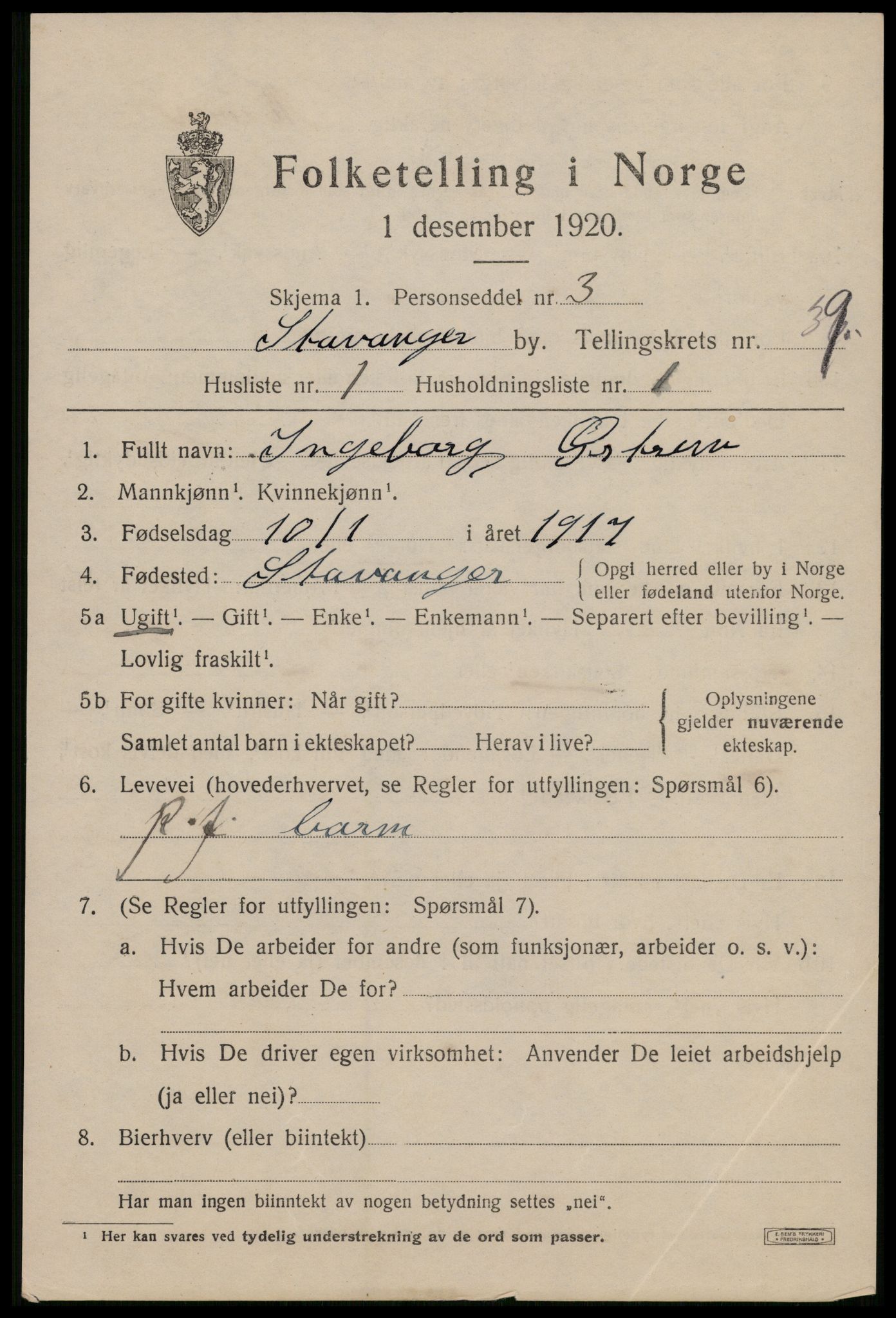 SAST, 1920 census for Stavanger, 1920, p. 101044