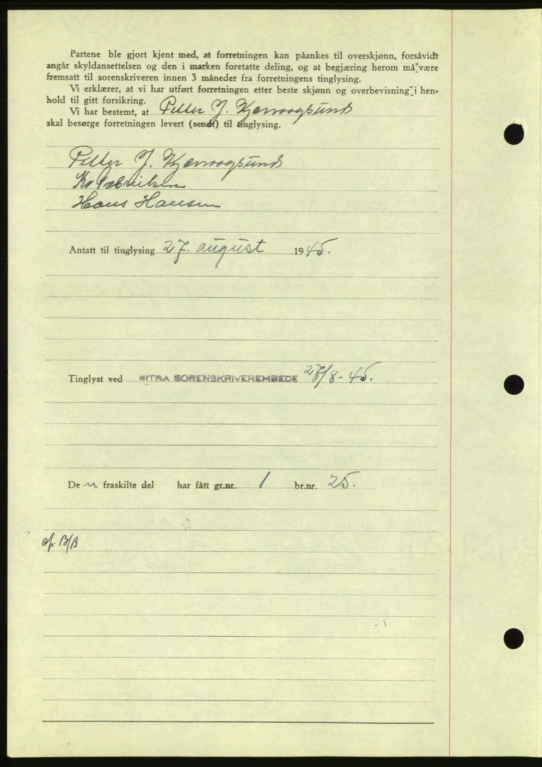 Hitra sorenskriveri, AV/SAT-A-0018/2/2C/2Ca: Mortgage book no. A2, 1943-1945, Diary no: : 472/1945