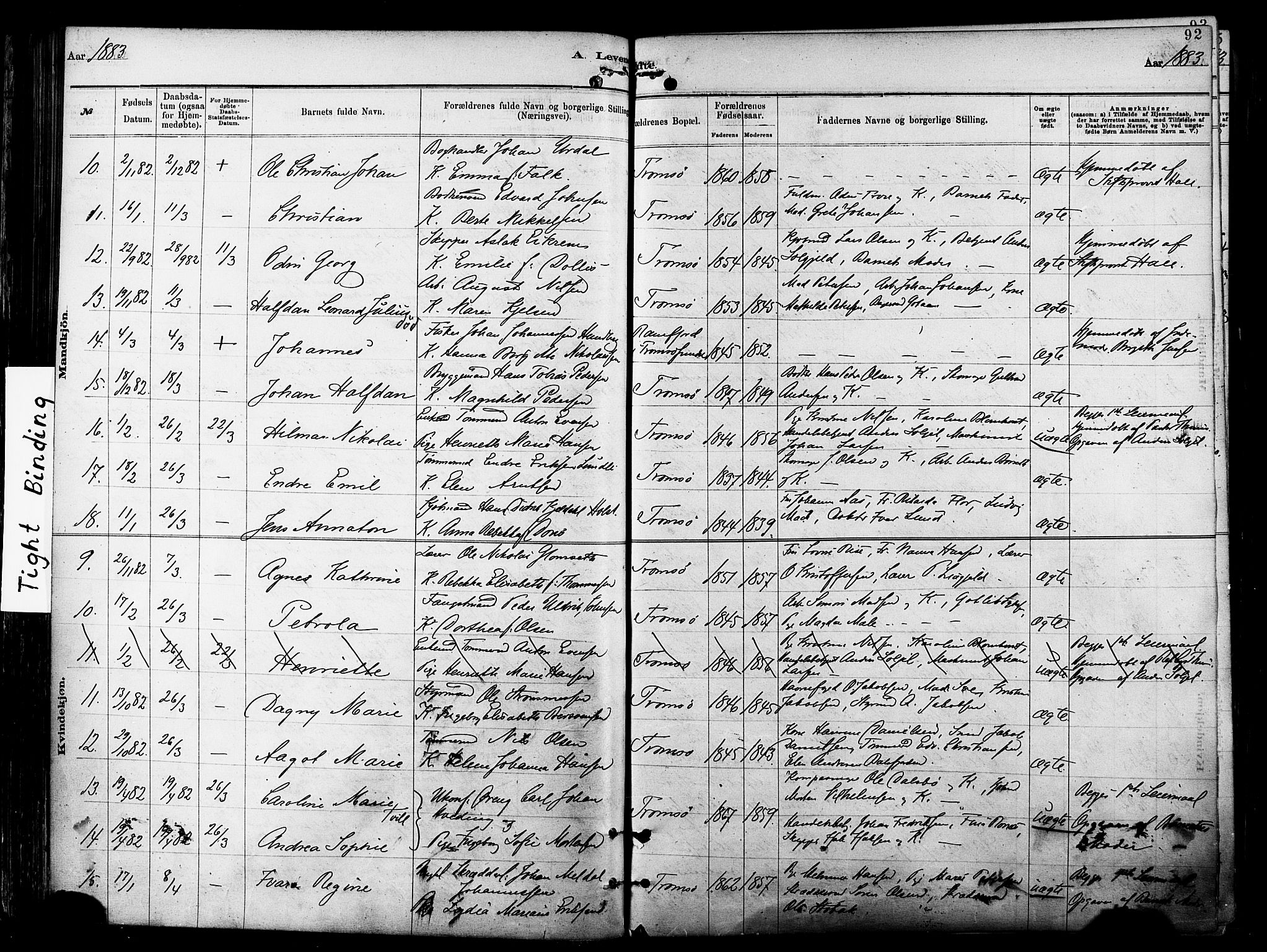 Tromsø sokneprestkontor/stiftsprosti/domprosti, AV/SATØ-S-1343/G/Ga/L0014kirke: Parish register (official) no. 14, 1878-1888, p. 92