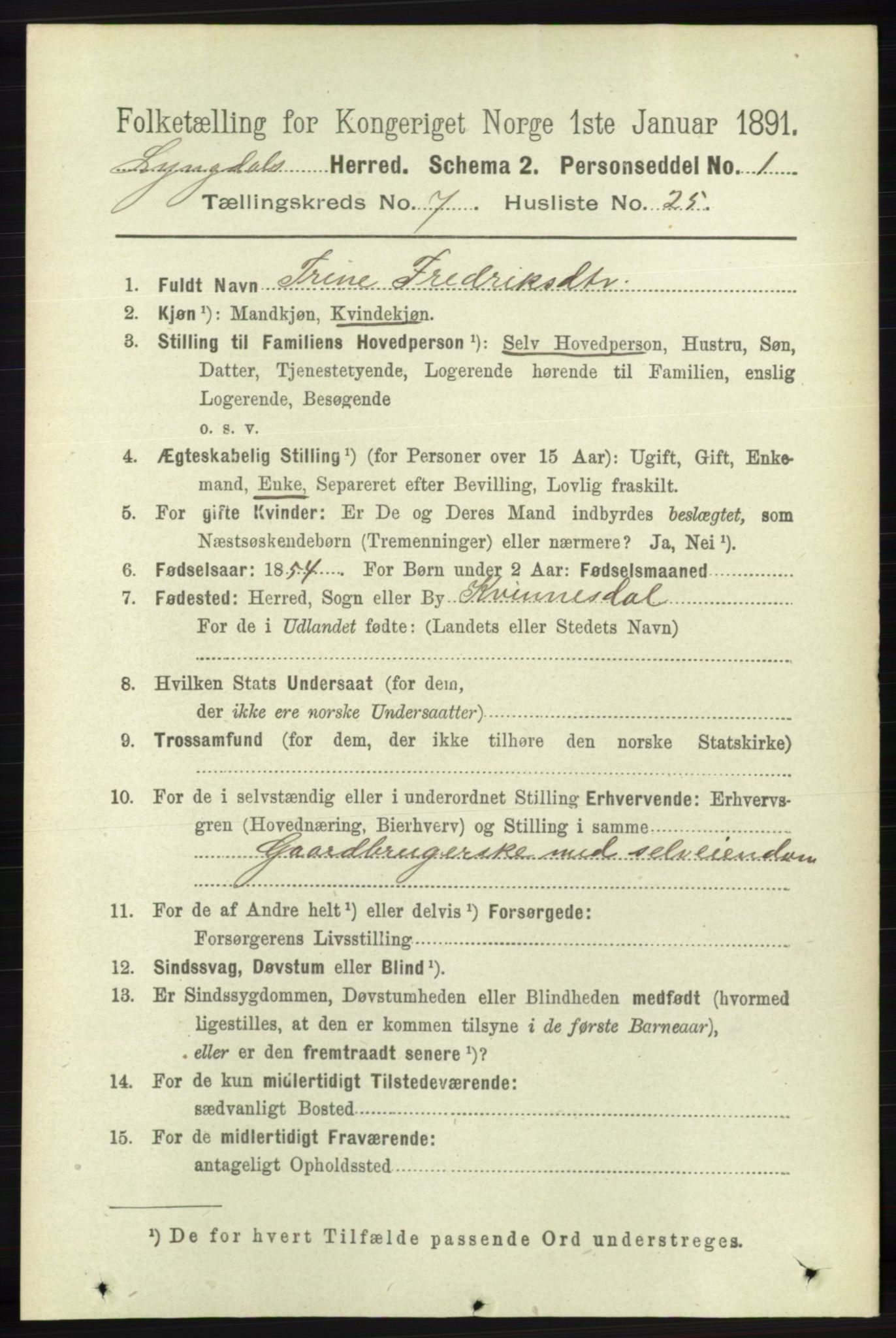 RA, 1891 census for 1032 Lyngdal, 1891, p. 3053