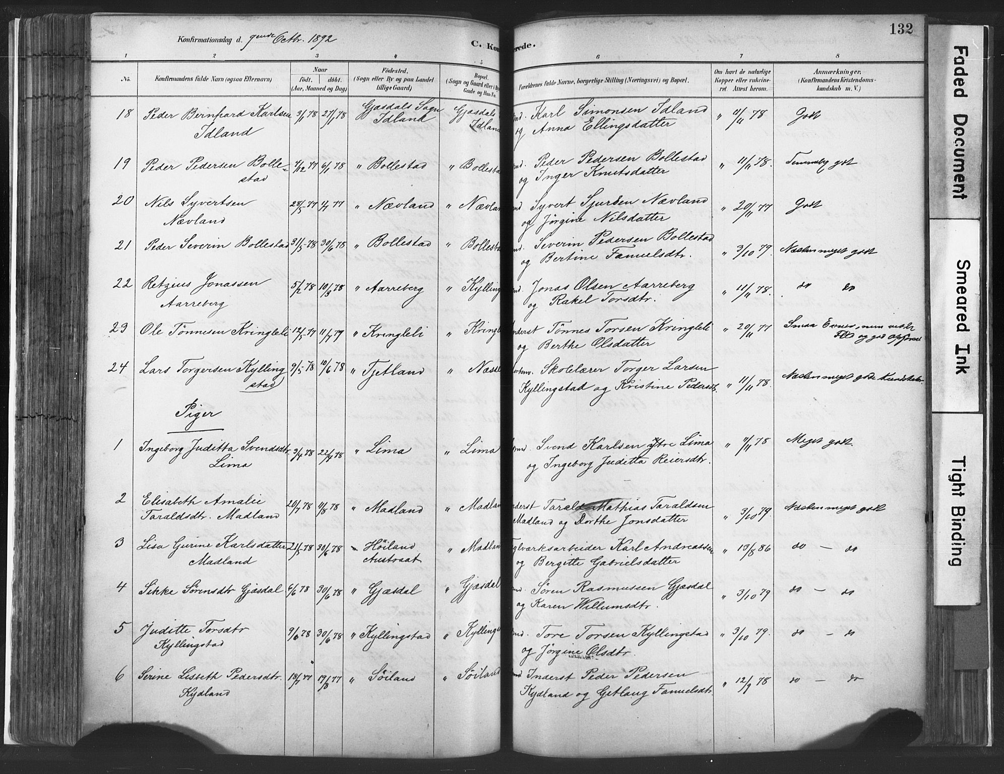 Lye sokneprestkontor, AV/SAST-A-101794/001/30BA/L0010: Parish register (official) no. A 10, 1881-1896, p. 132