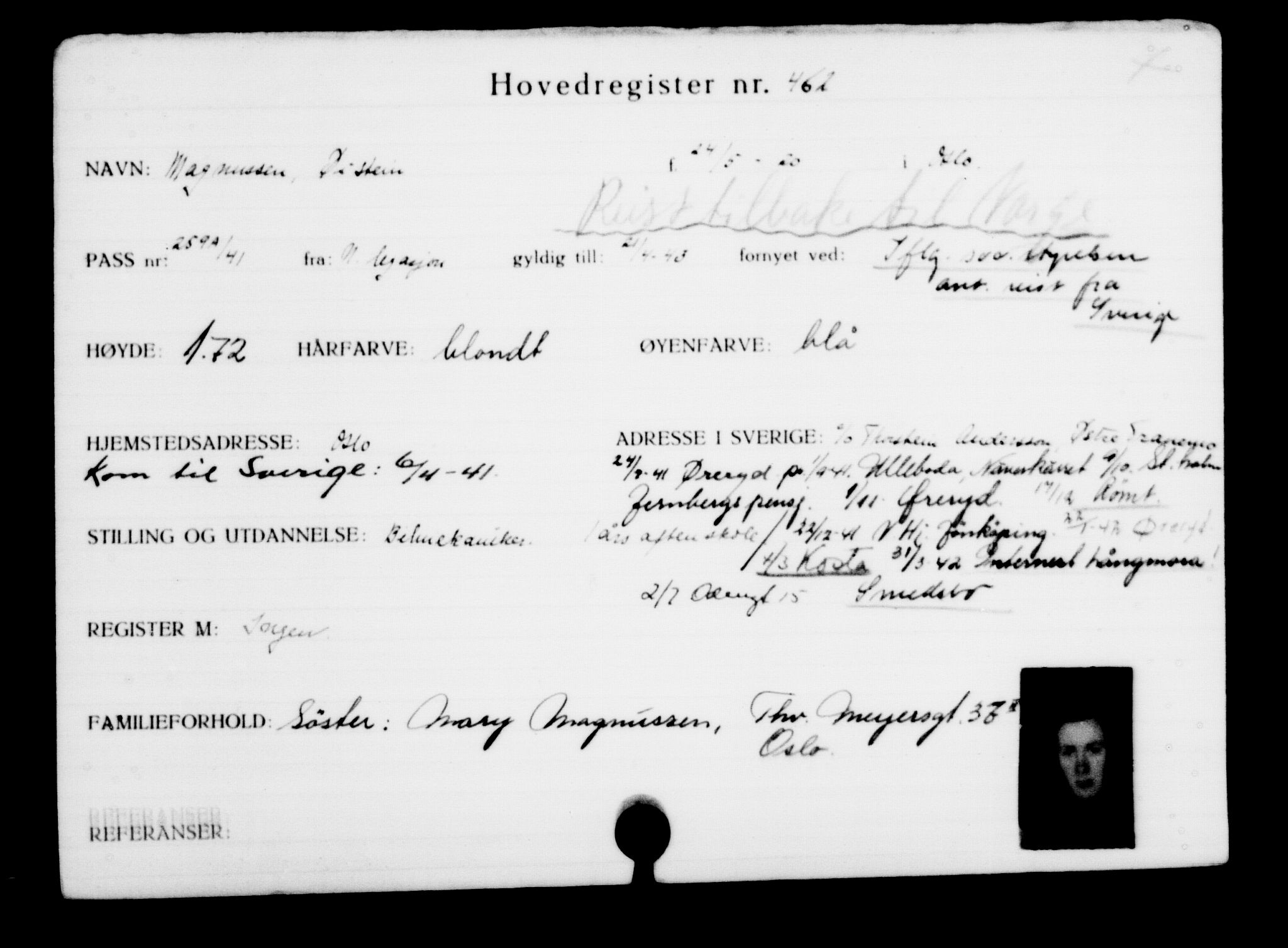 Utenriksstasjonene, Legasjonen i Stockholm, Flyktningkontoret, AV/RA-S-6753/V/Va/L0001: Kjesäterkartoteket, flyktninger med registreringsnr. 1-1000, 1940-1945, p. 718