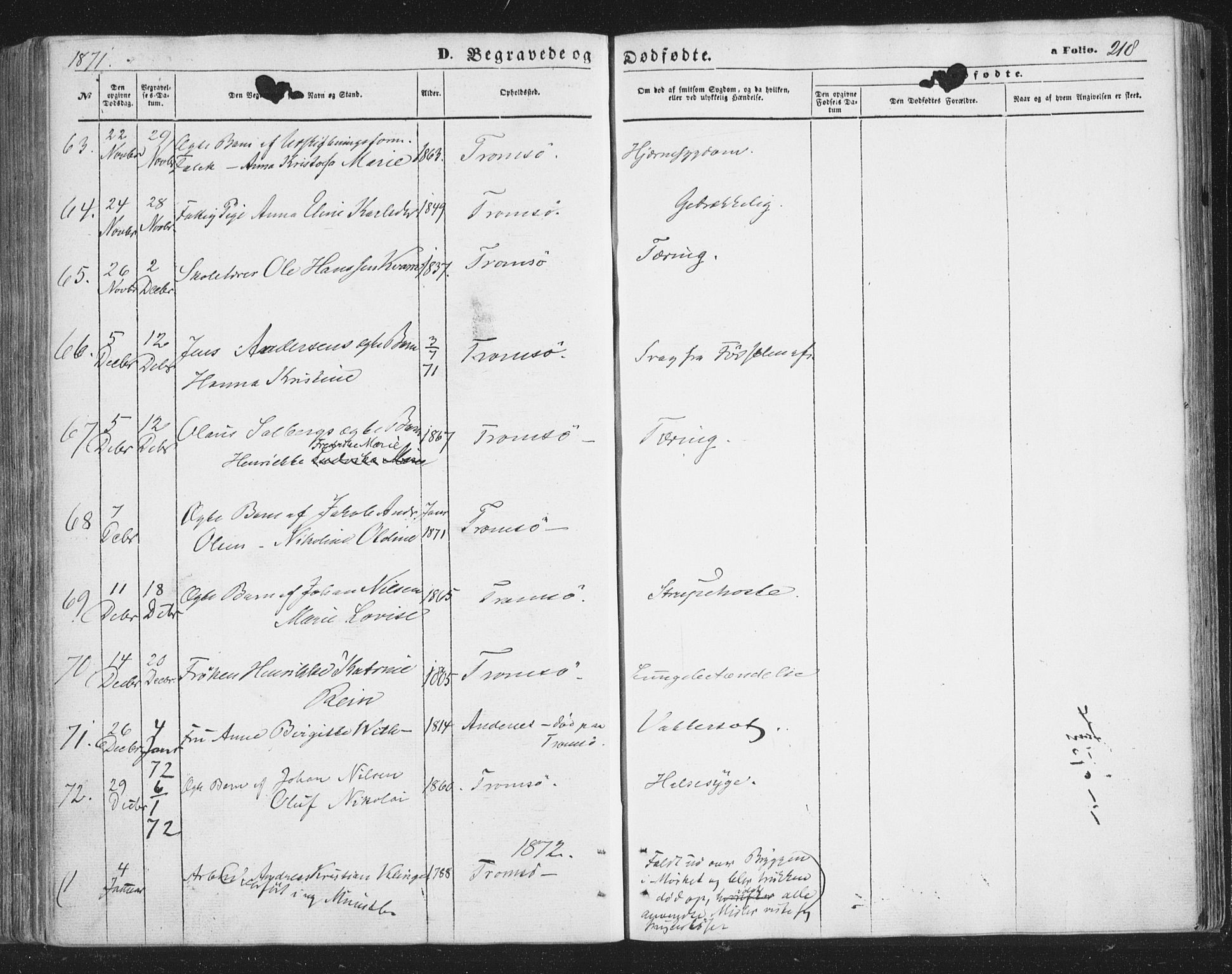 Tromsø sokneprestkontor/stiftsprosti/domprosti, AV/SATØ-S-1343/G/Ga/L0012kirke: Parish register (official) no. 12, 1865-1871, p. 218