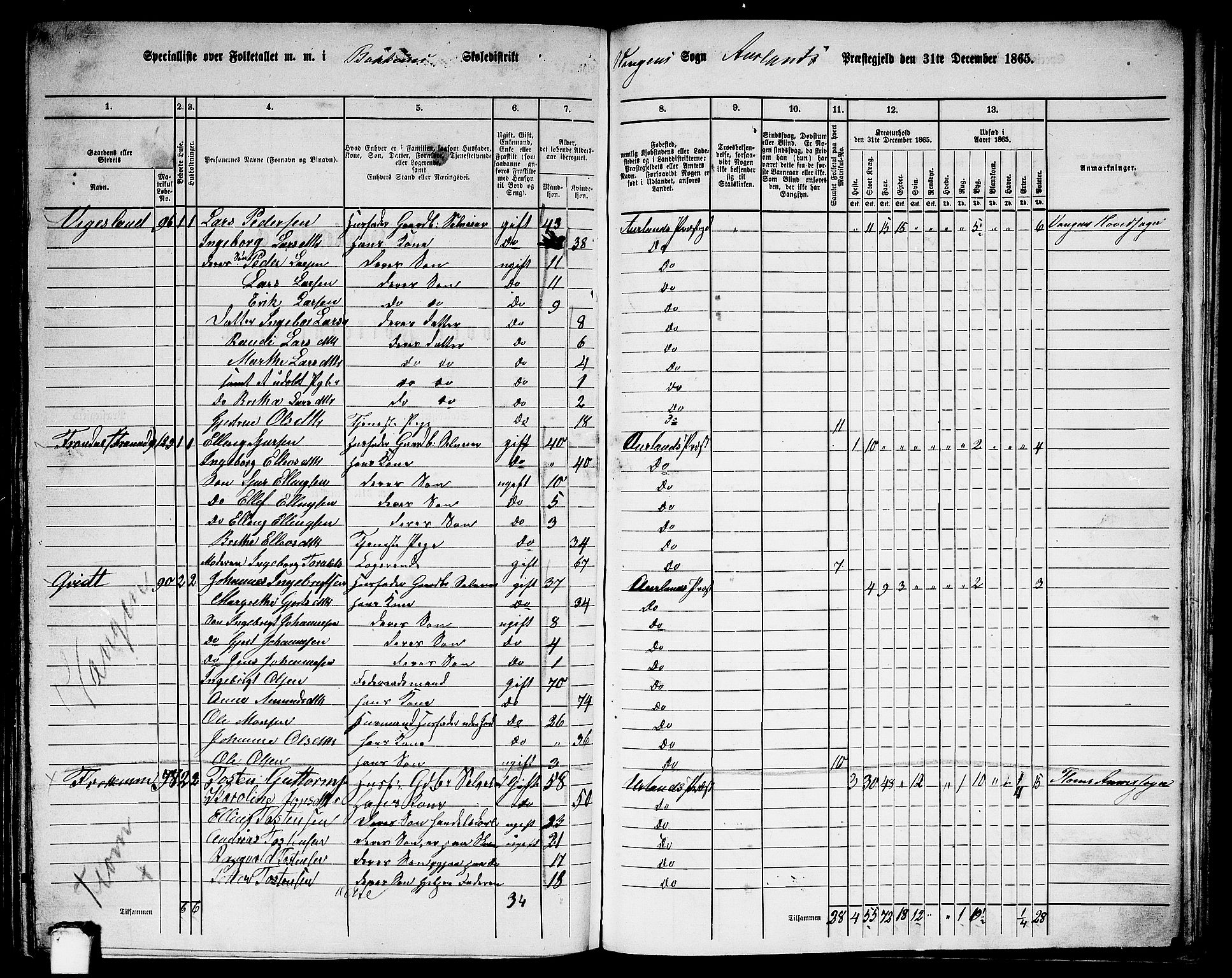 RA, 1865 census for Aurland, 1865, p. 60