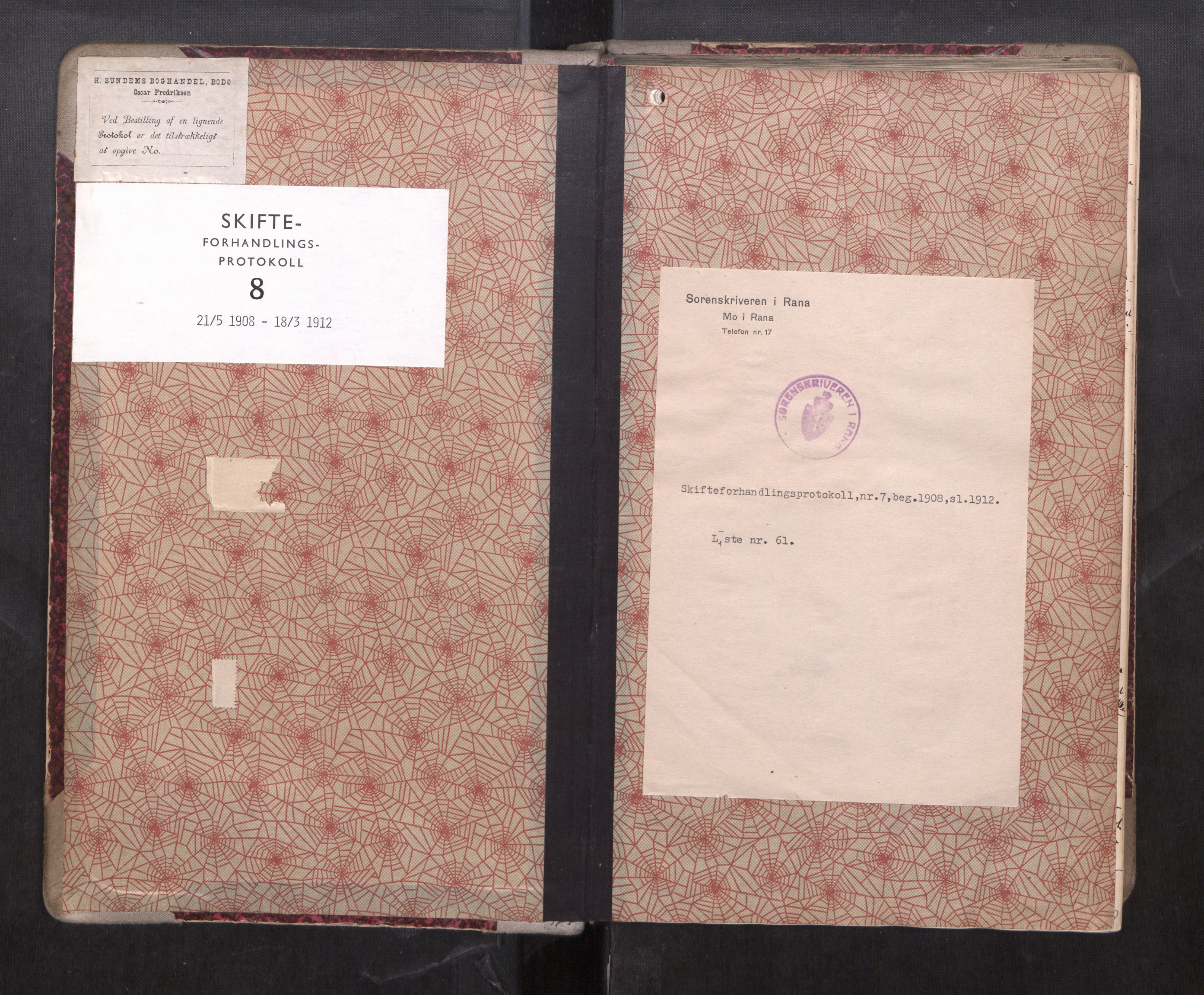 Rana sorenskriveri , SAT/A-1108/1/3/3B/L0008: Skiftebehandlingsprotokoll, 1908-1912
