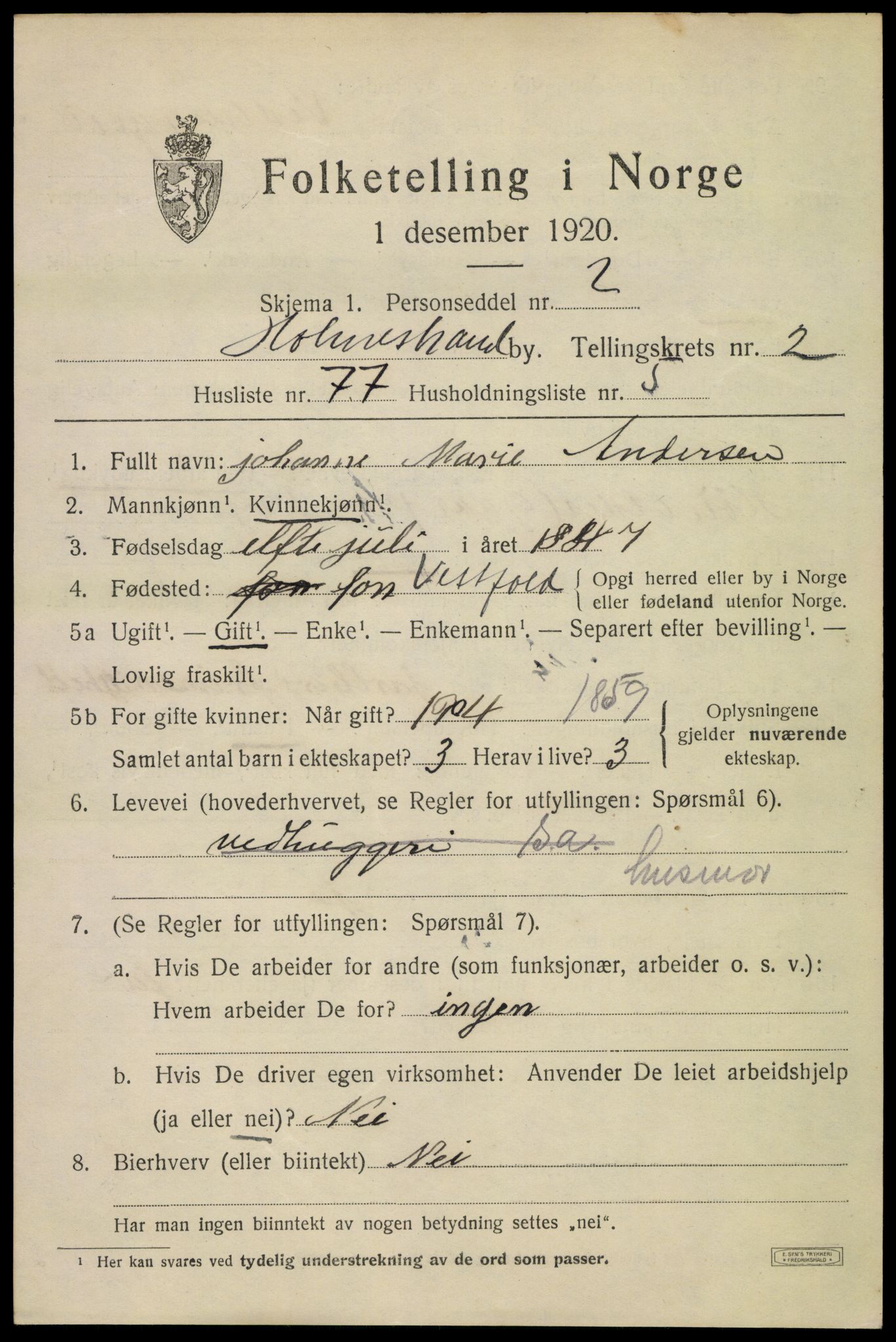 SAKO, 1920 census for Holmestrand, 1920, p. 3218