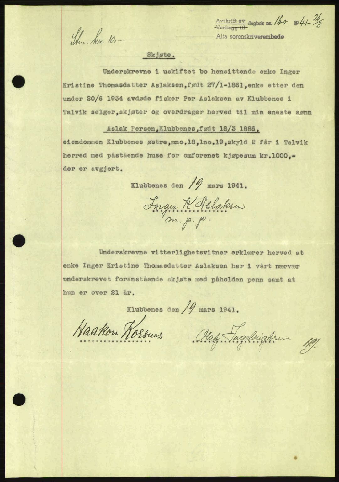 Alta fogderi/sorenskriveri, SATØ/SATØ-5/1/K/Kd/L0033pantebok: Mortgage book no. 33, 1940-1943, Diary no: : 140/1941