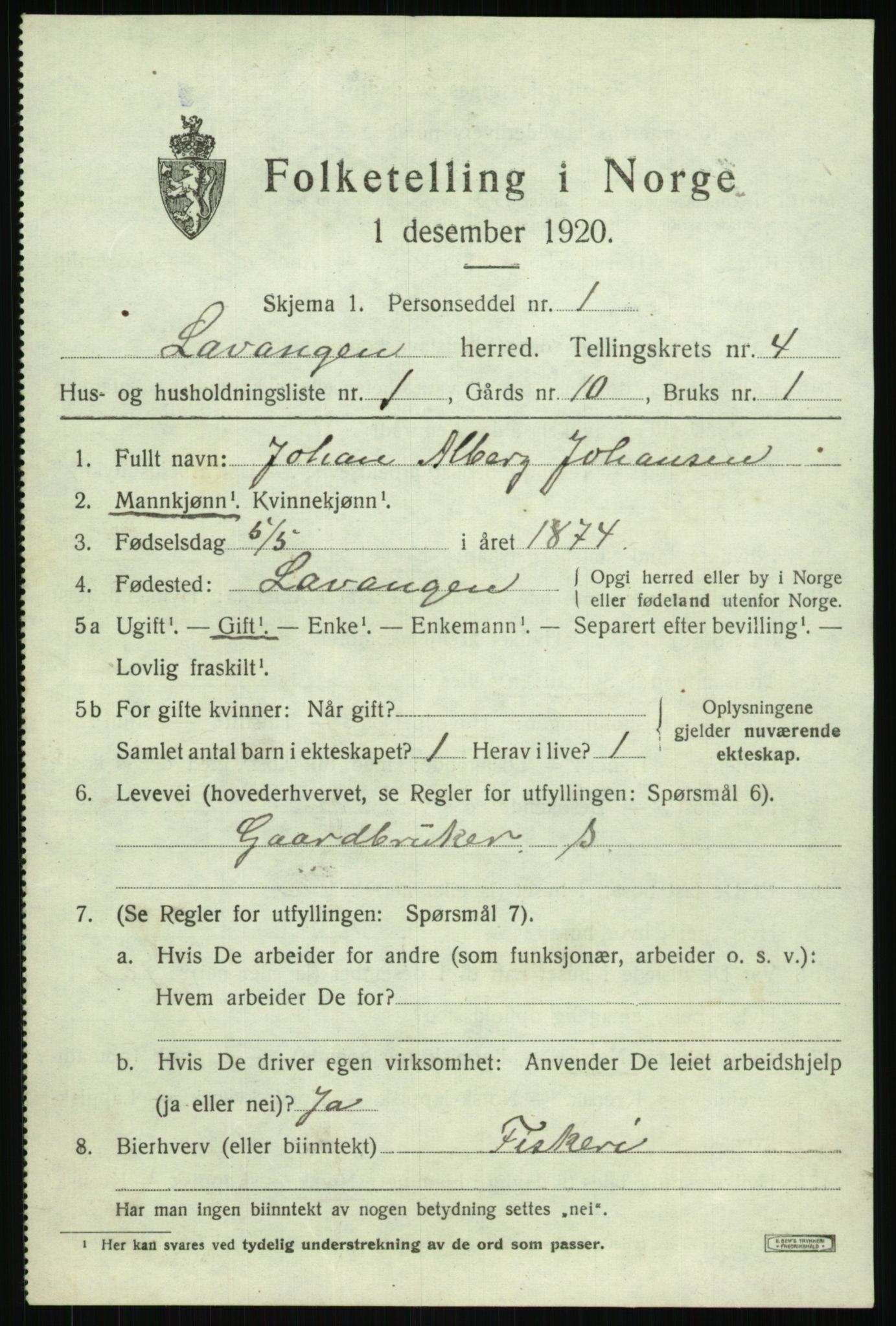 SATØ, 1920 census for Lavangen, 1920, p. 1905