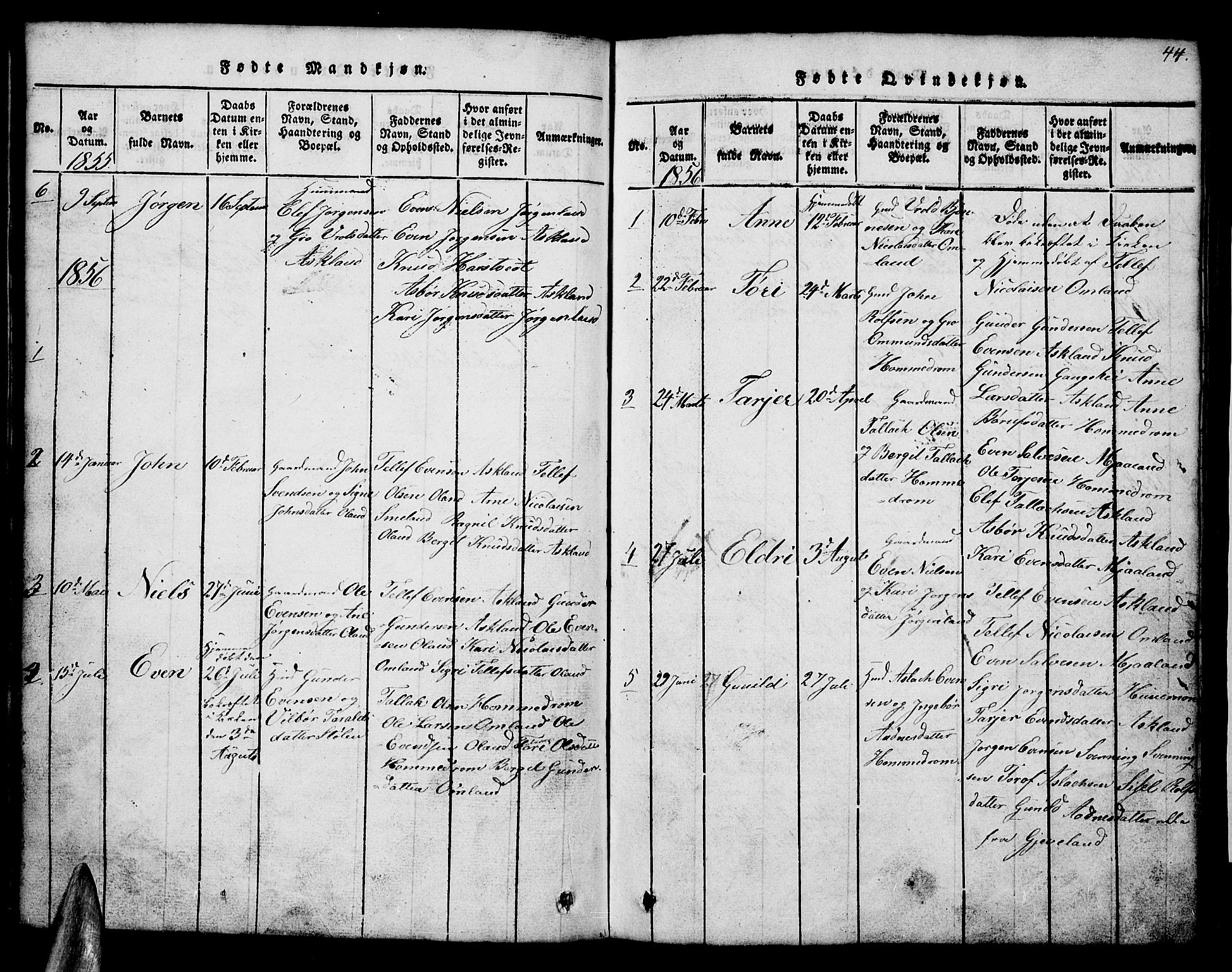 Åmli sokneprestkontor, AV/SAK-1111-0050/F/Fb/Fba/L0001: Parish register (copy) no. B 1, 1816-1890, p. 44