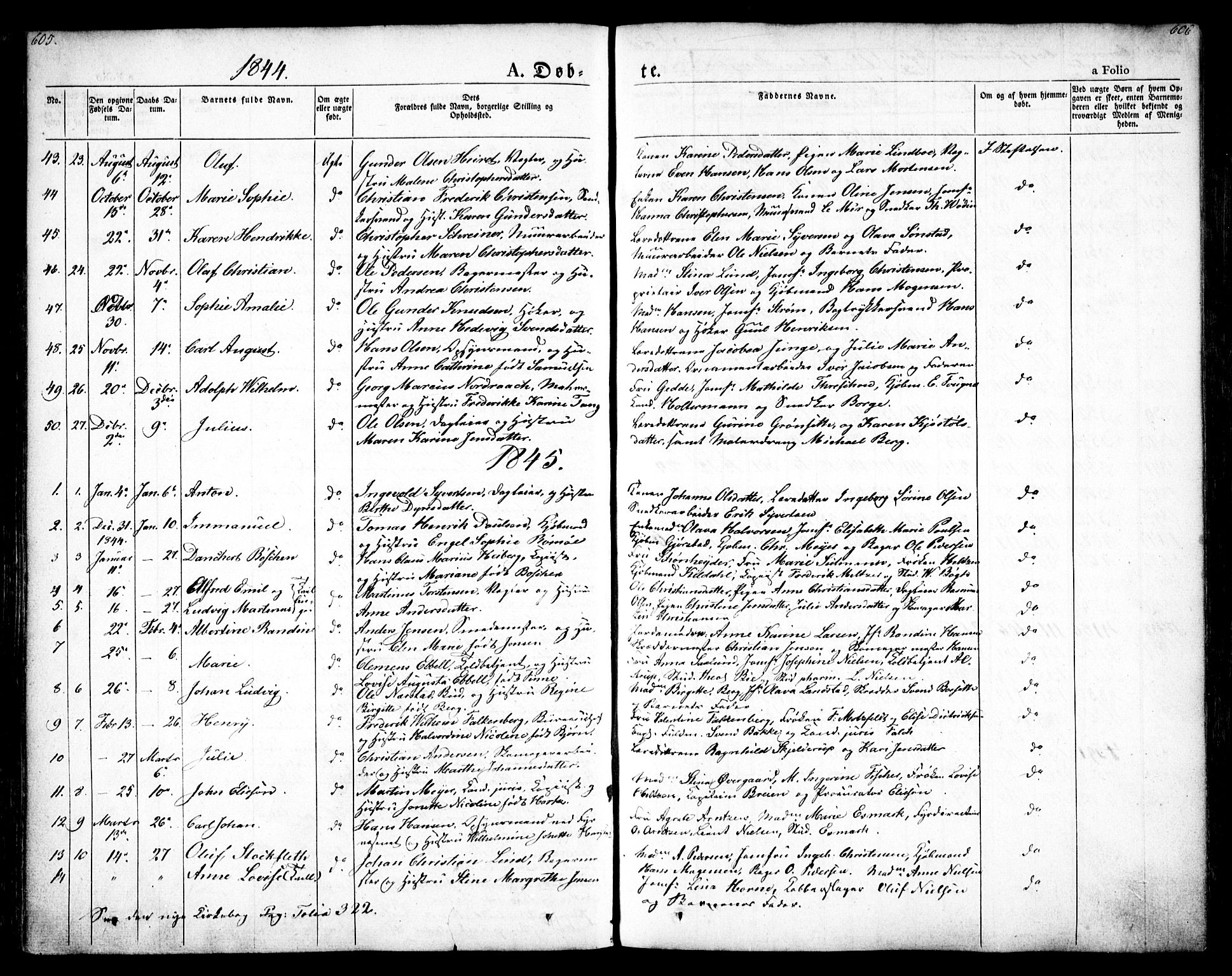 Oslo domkirke Kirkebøker, SAO/A-10752/F/Fa/L0012: Parish register (official) no. 12, 1837-1845, p. 605-606