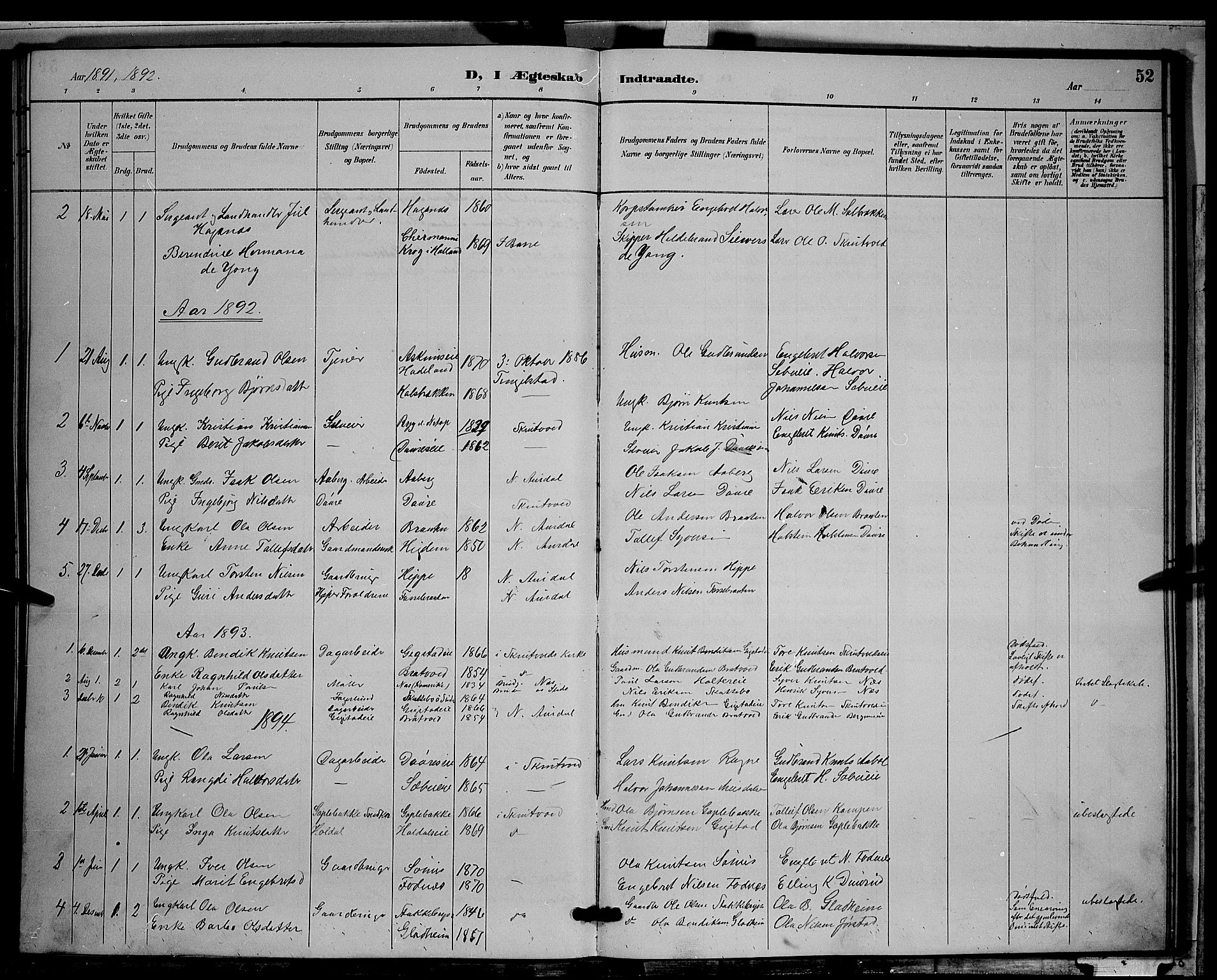 Nord-Aurdal prestekontor, SAH/PREST-132/H/Ha/Hab/L0009: Parish register (copy) no. 9, 1887-1897, p. 52