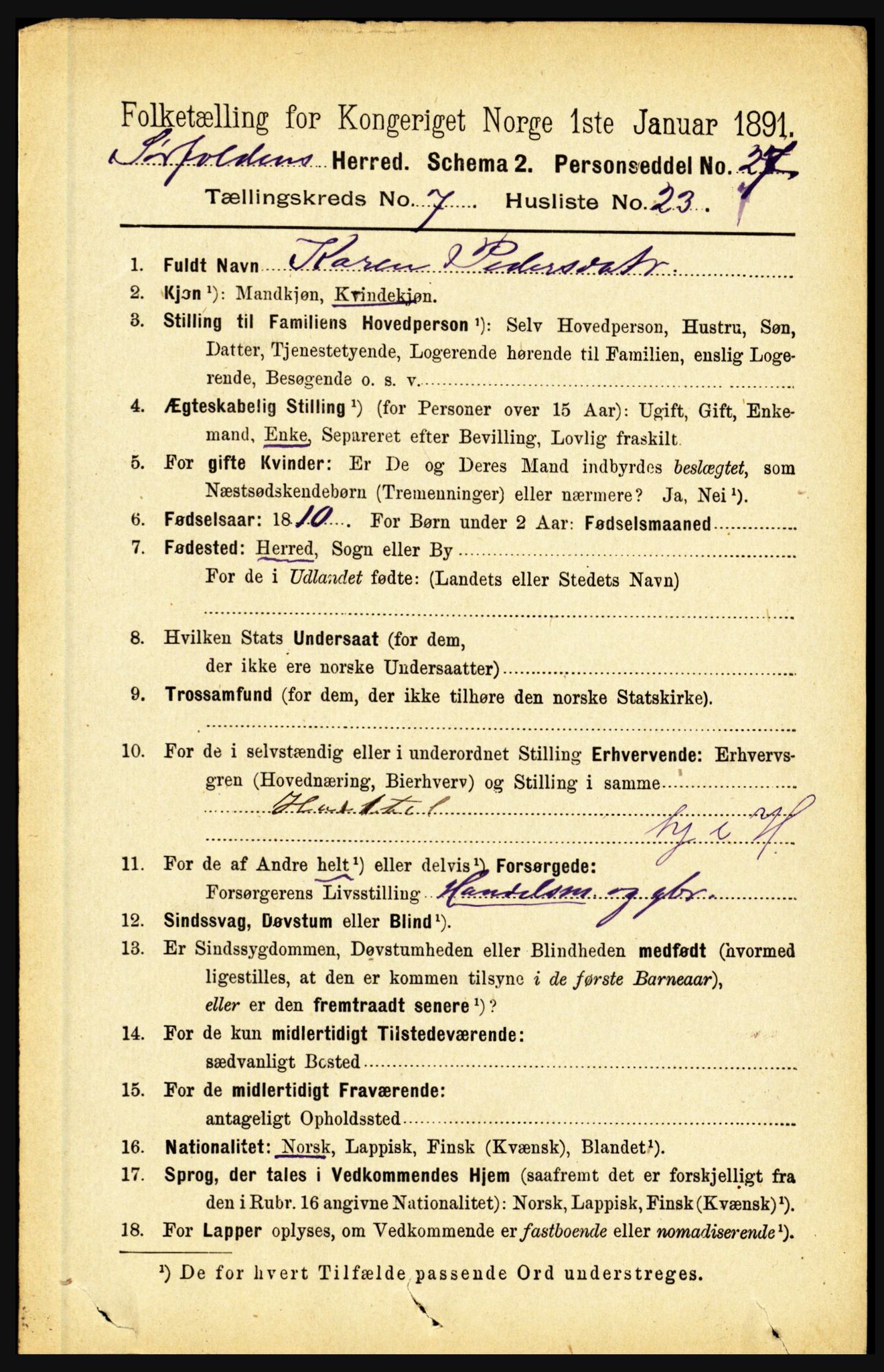 RA, 1891 census for 1845 Sørfold, 1891, p. 2363