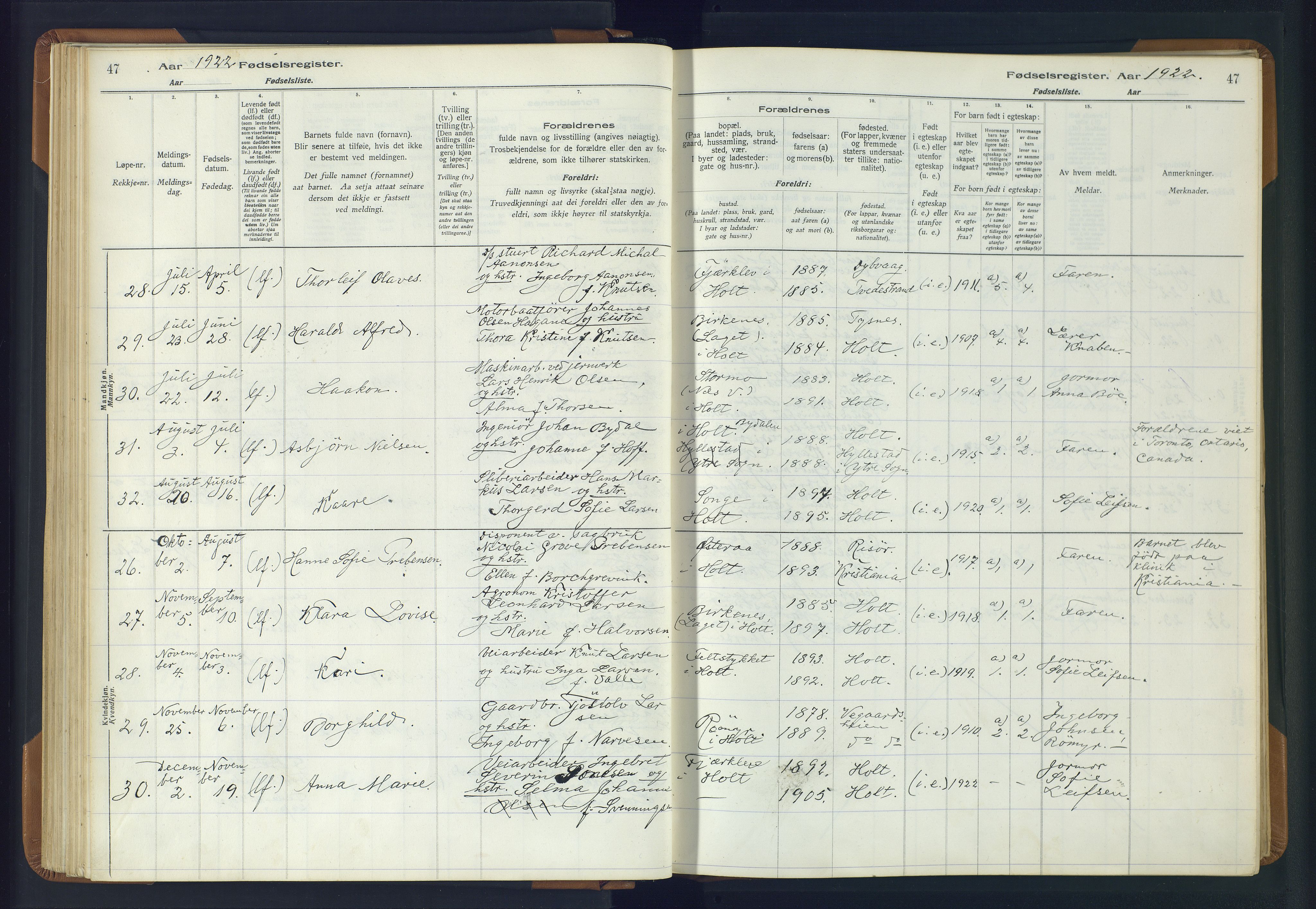 Holt sokneprestkontor, AV/SAK-1111-0021/J/Ja/L0001: Birth register no. II.4.1, 1916-1946, p. 47