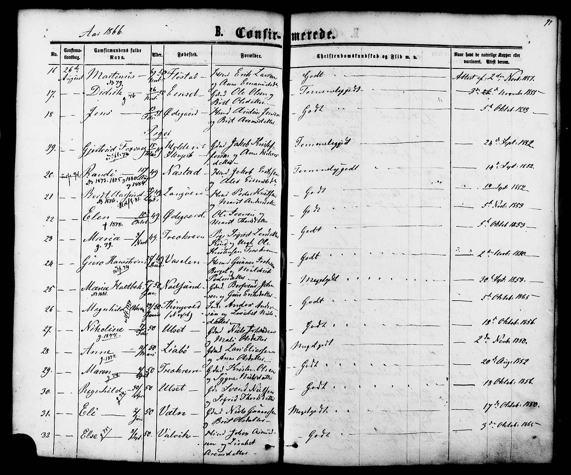 Ministerialprotokoller, klokkerbøker og fødselsregistre - Møre og Romsdal, AV/SAT-A-1454/587/L0999: Parish register (official) no. 587A01, 1864-1886, p. 97