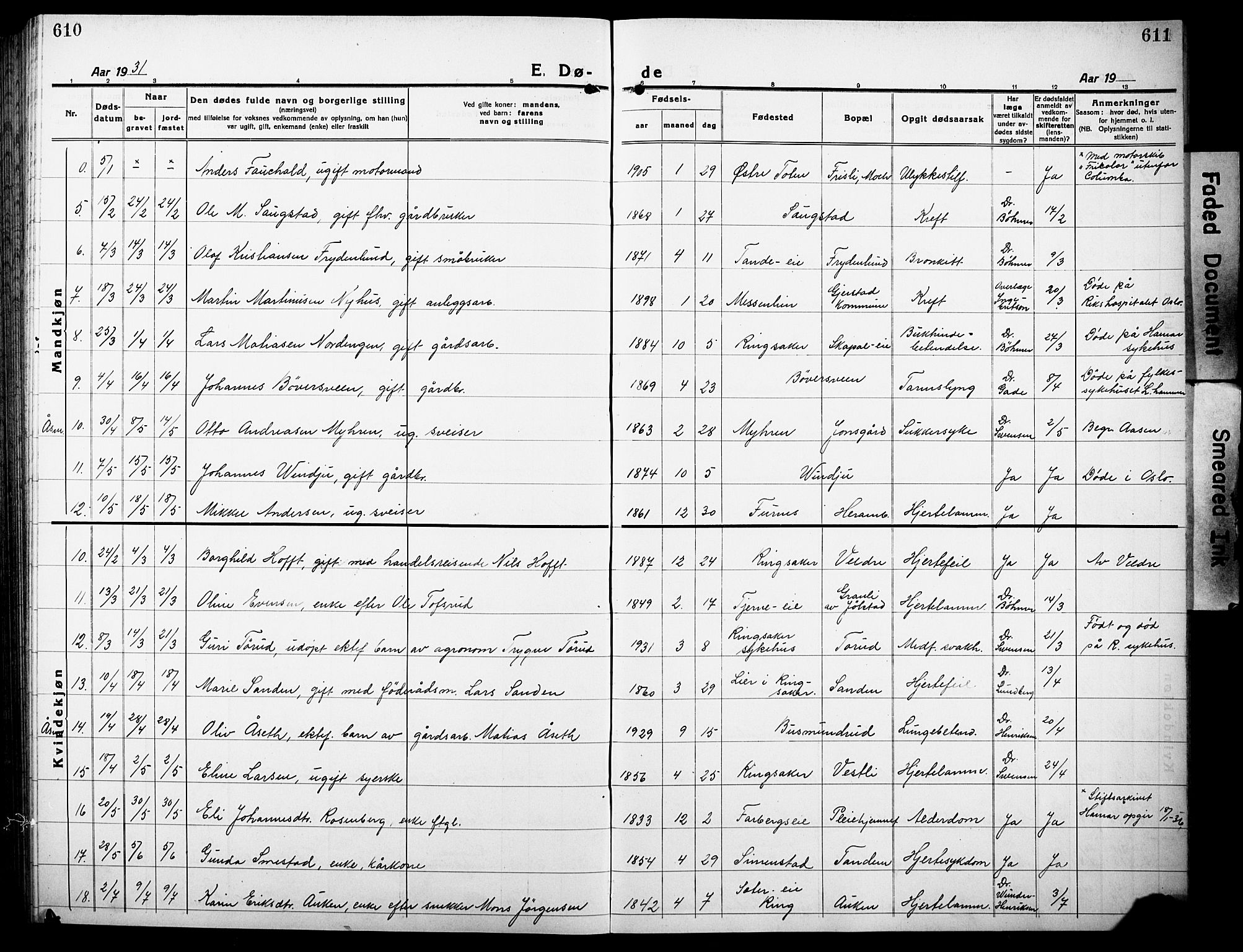 Ringsaker prestekontor, AV/SAH-PREST-014/L/La/L0019: Parish register (copy) no. 19, 1923-1933, p. 610-611