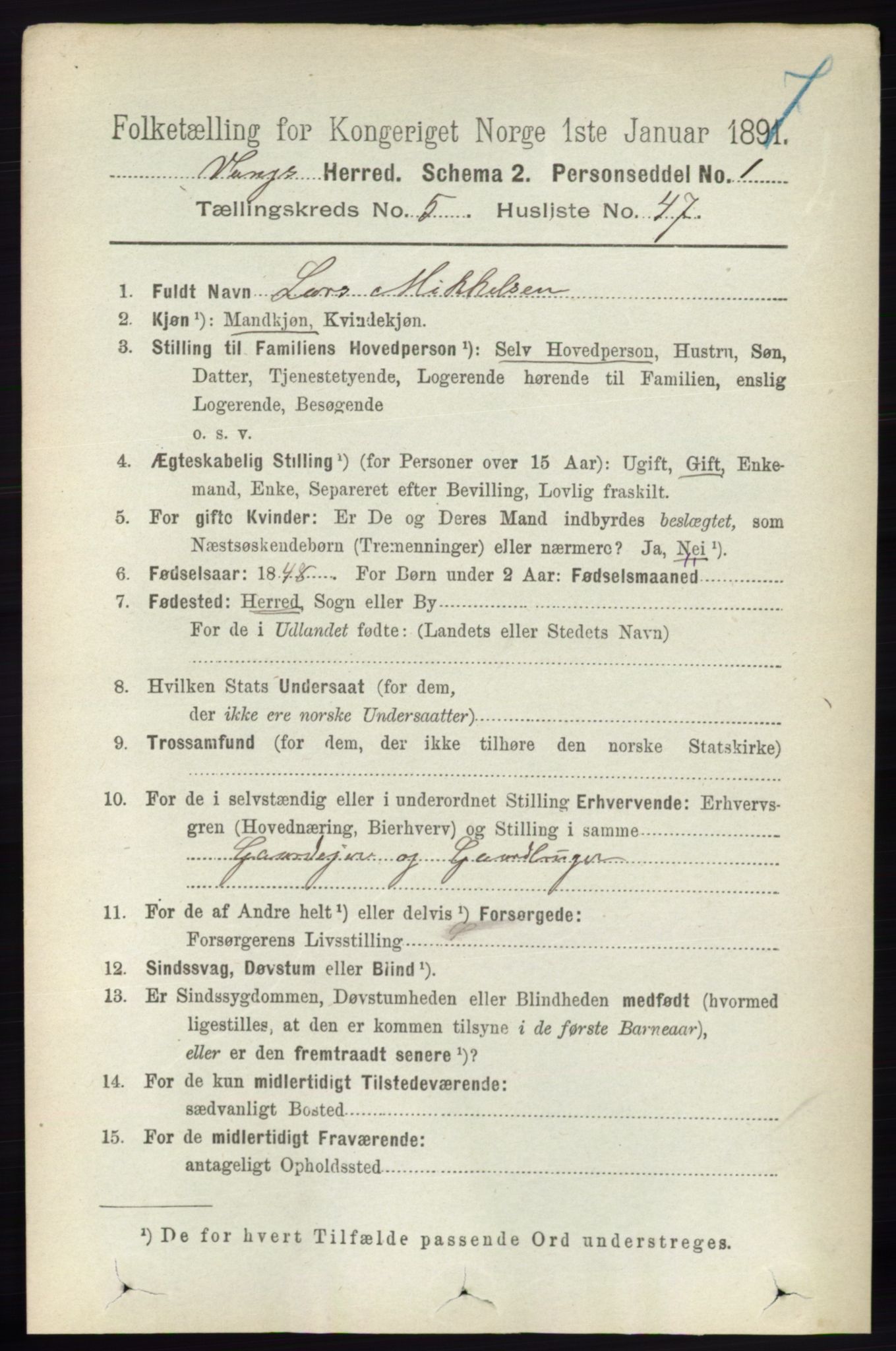 RA, 1891 census for 0414 Vang, 1891, p. 3761