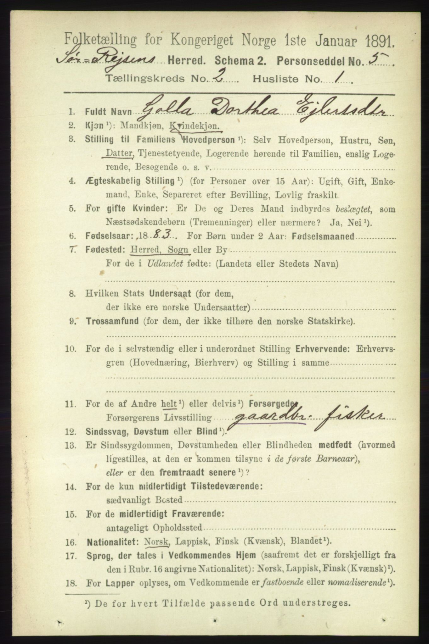 RA, 1891 census for 1925 Sørreisa, 1891, p. 381