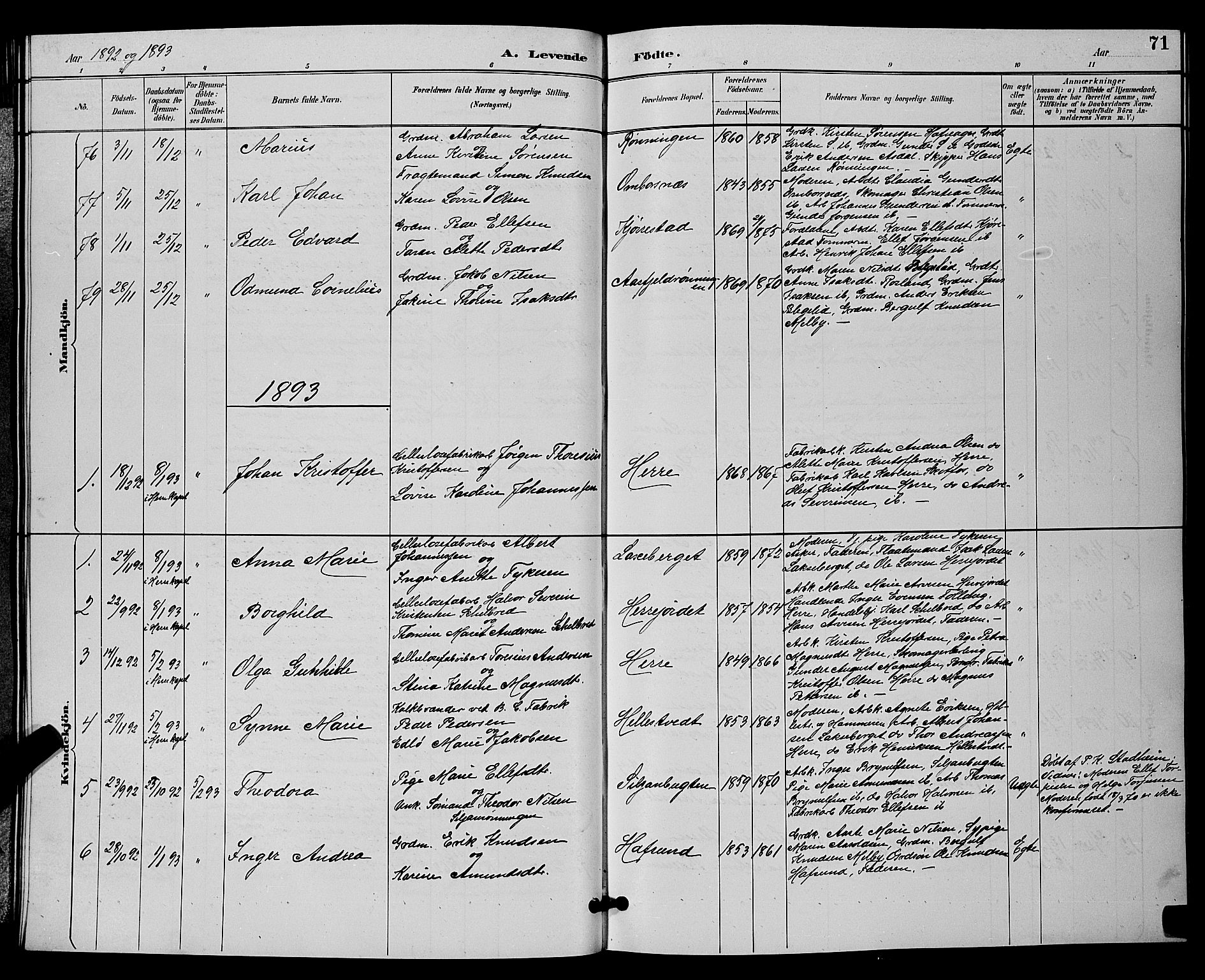 Bamble kirkebøker, SAKO/A-253/G/Ga/L0009: Parish register (copy) no. I 9, 1888-1900, p. 71