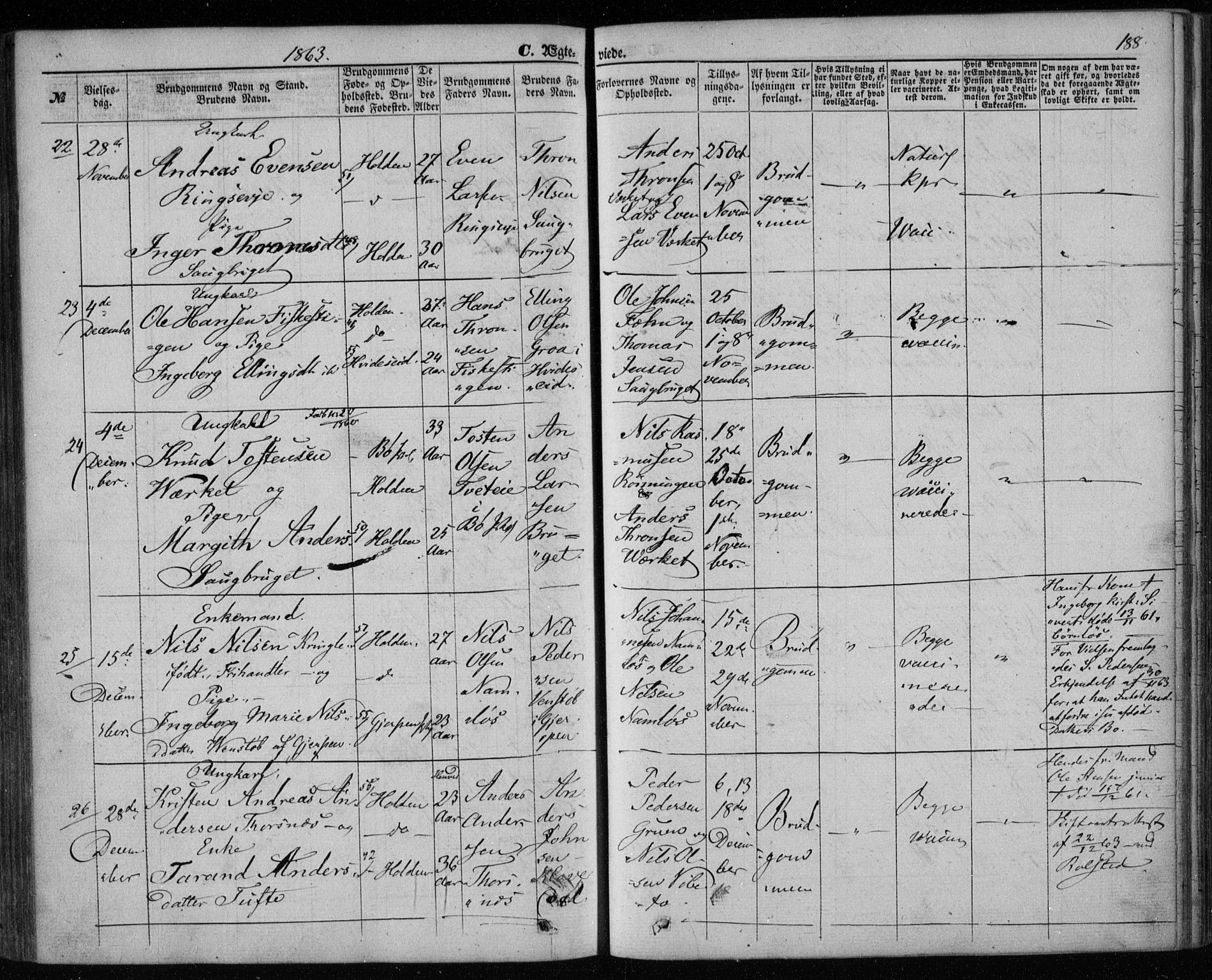 Holla kirkebøker, AV/SAKO-A-272/F/Fa/L0006: Parish register (official) no. 6, 1861-1869, p. 188