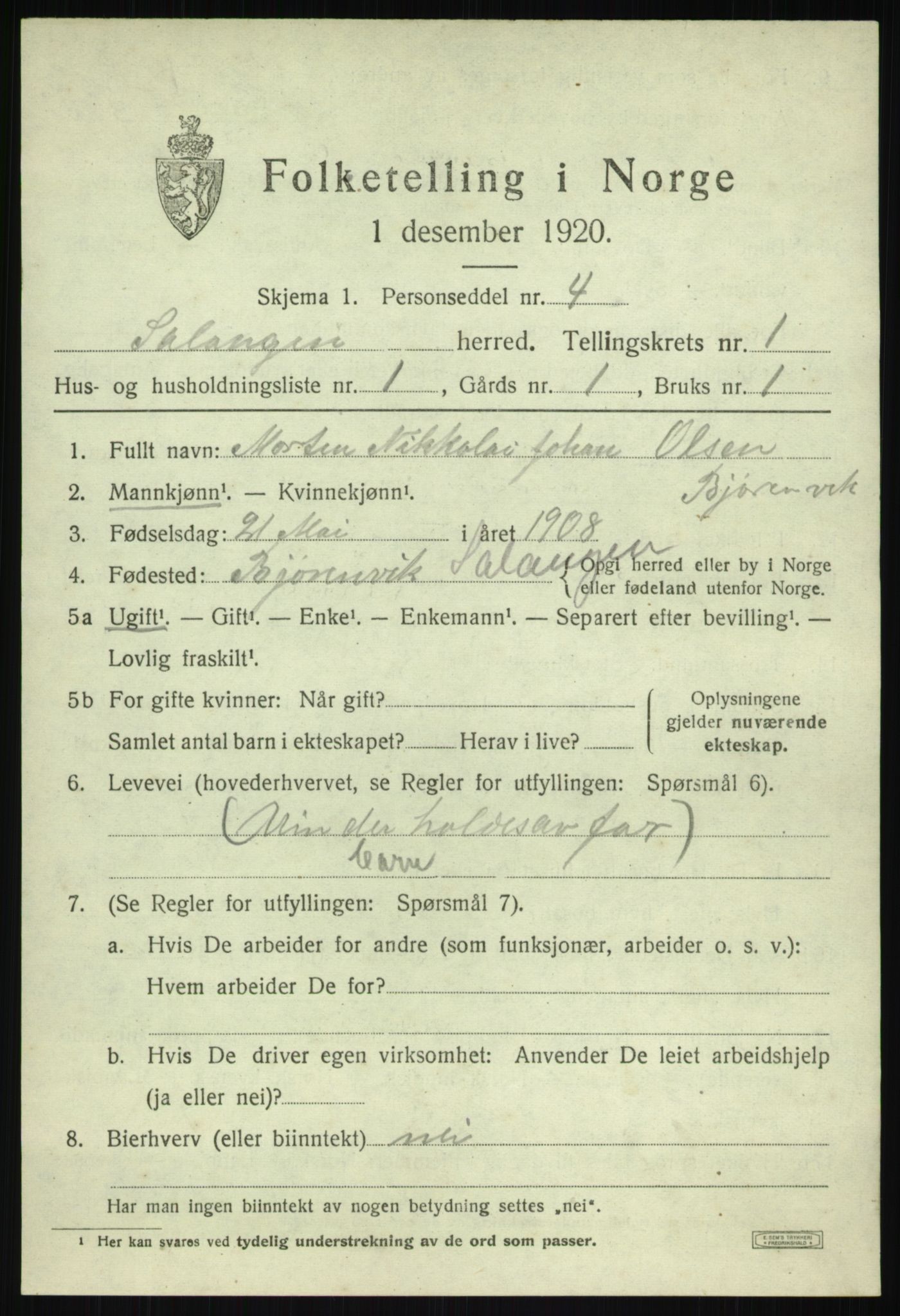 SATØ, 1920 census for Salangen, 1920, p. 944