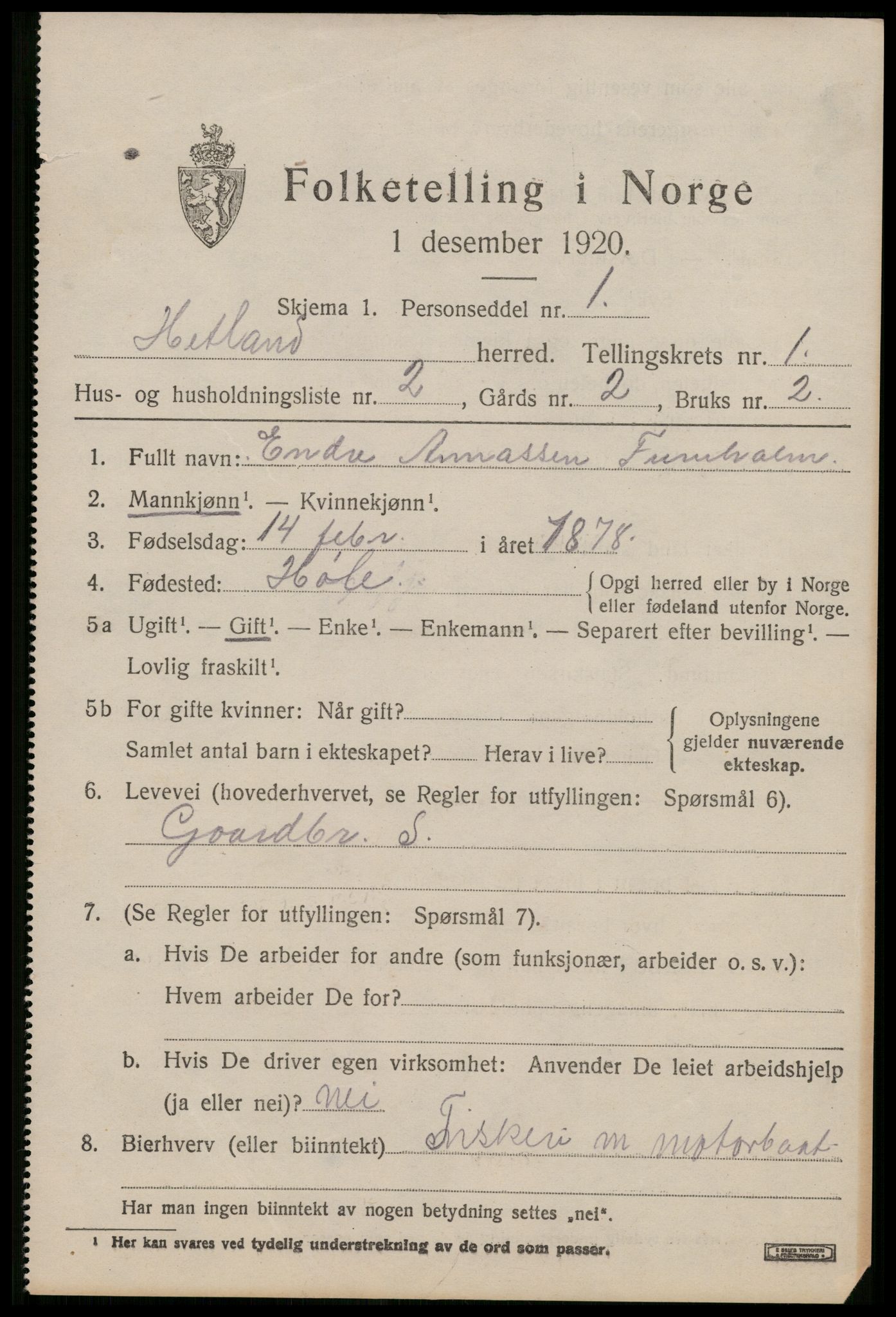 SAST, 1920 census for Hetland, 1920, p. 3575