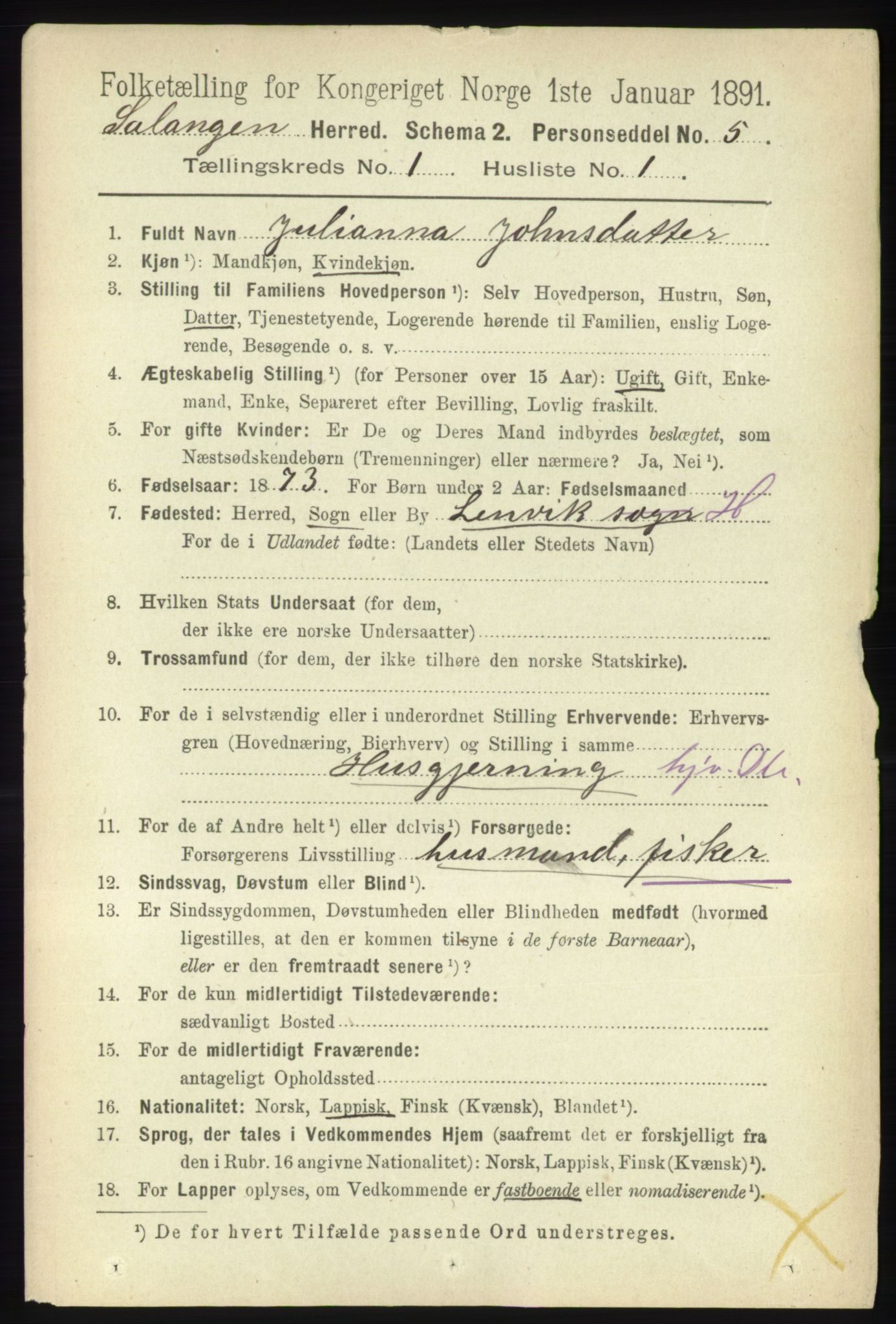 RA, 1891 census for 1921 Salangen, 1891, p. 74