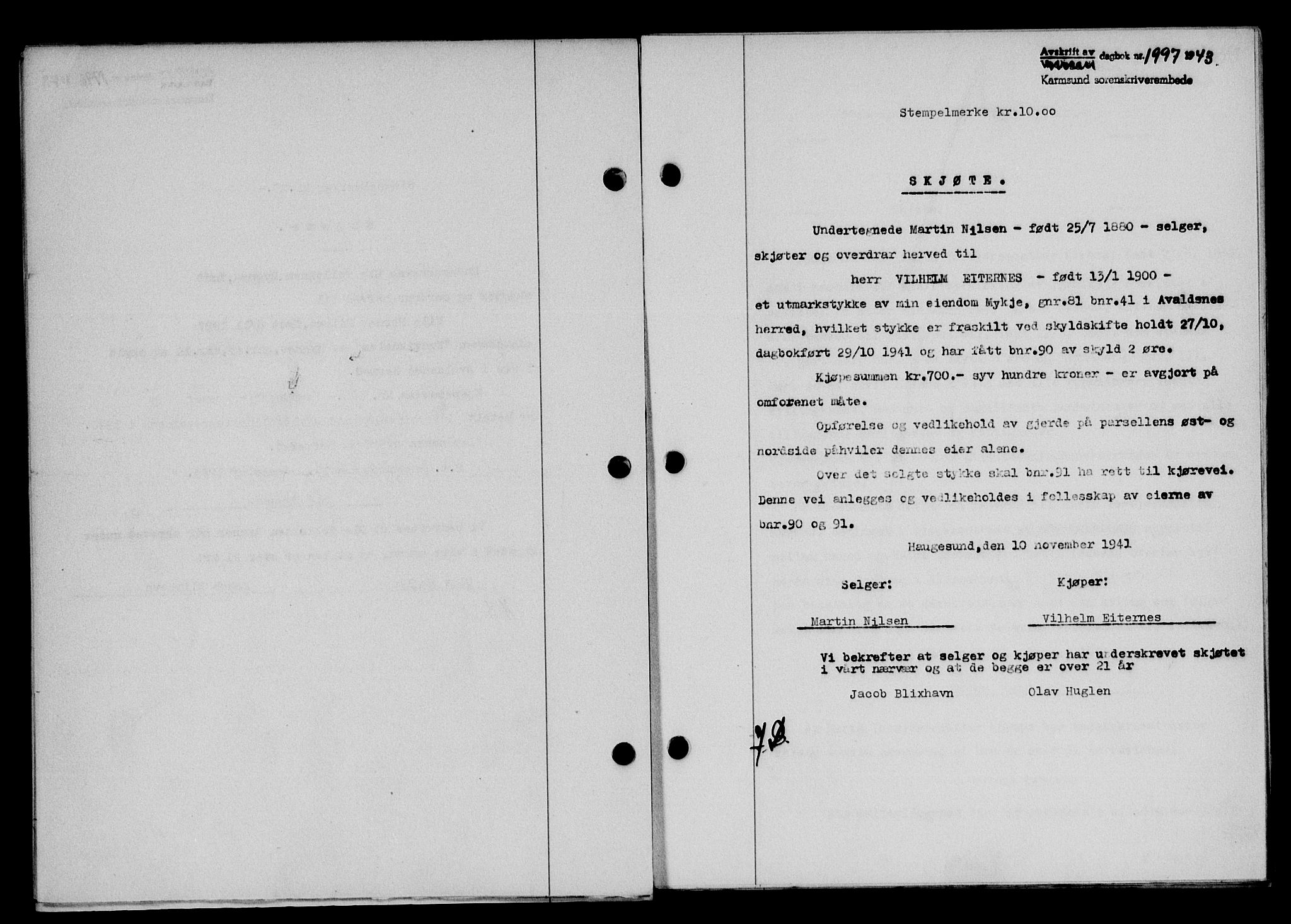 Karmsund sorenskriveri, SAST/A-100311/01/II/IIB/L0081: Mortgage book no. 62A, 1943-1944, Diary no: : 1997/1943