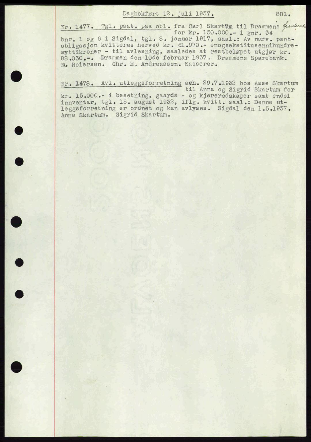 Eiker, Modum og Sigdal sorenskriveri, SAKO/A-123/G/Ga/Gab/L0035: Mortgage book no. A5, 1937-1937, Diary no: : 1477/1937
