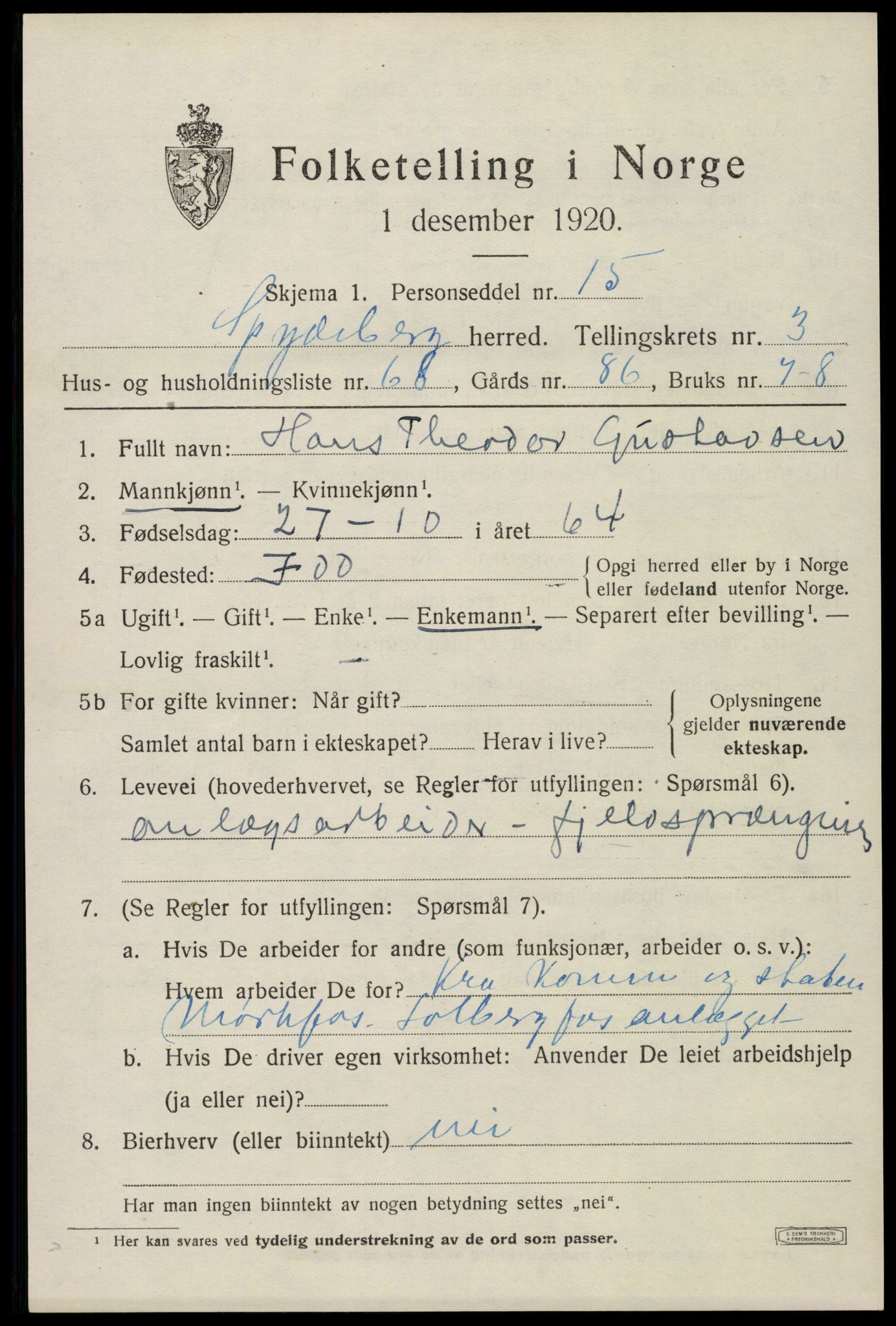 SAO, 1920 census for Spydeberg, 1920, p. 5113