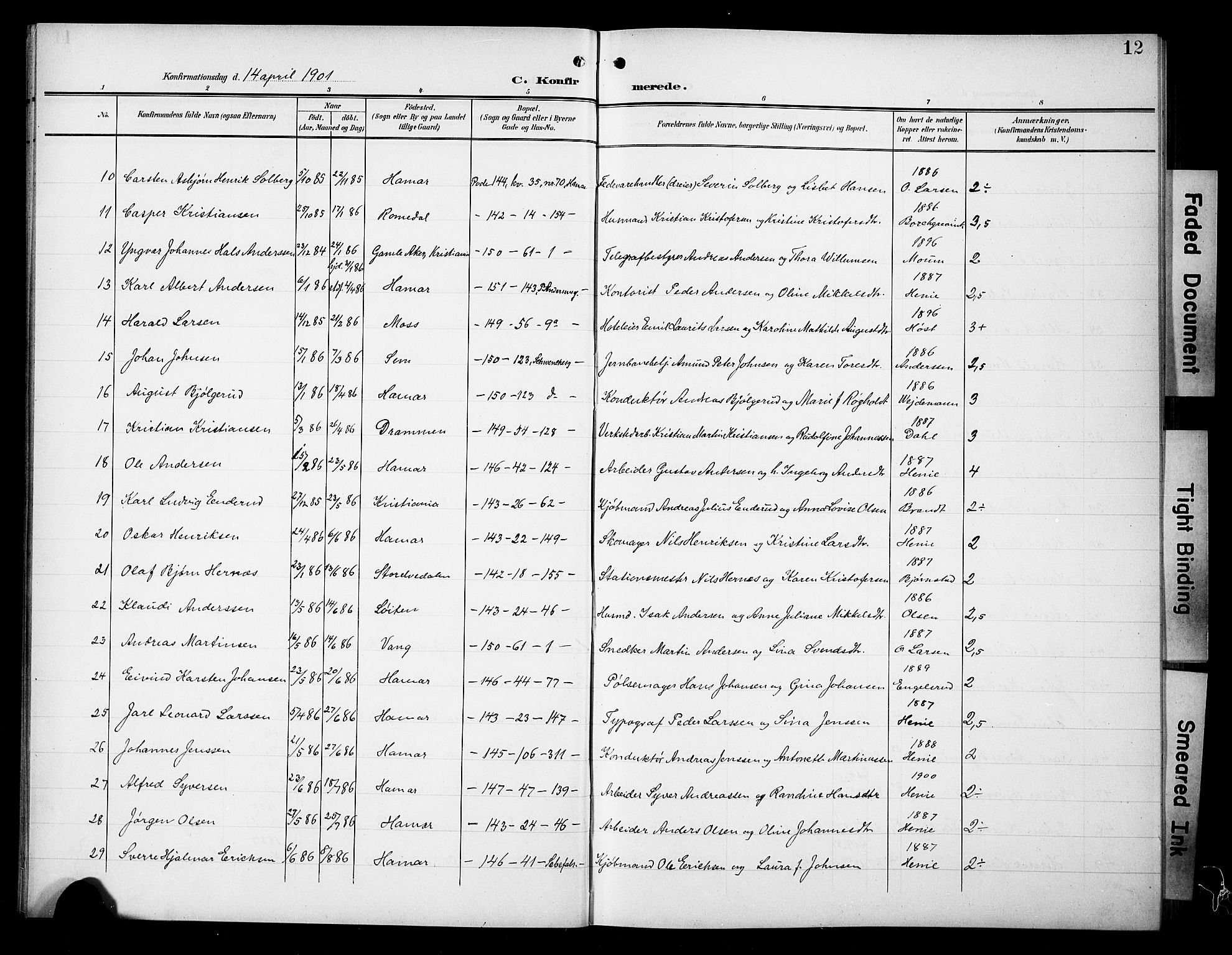 Hamar prestekontor, SAH/DOMPH-002/H/Ha/Hab/L0002: Parish register (copy) no. 2, 1899-1929, p. 12