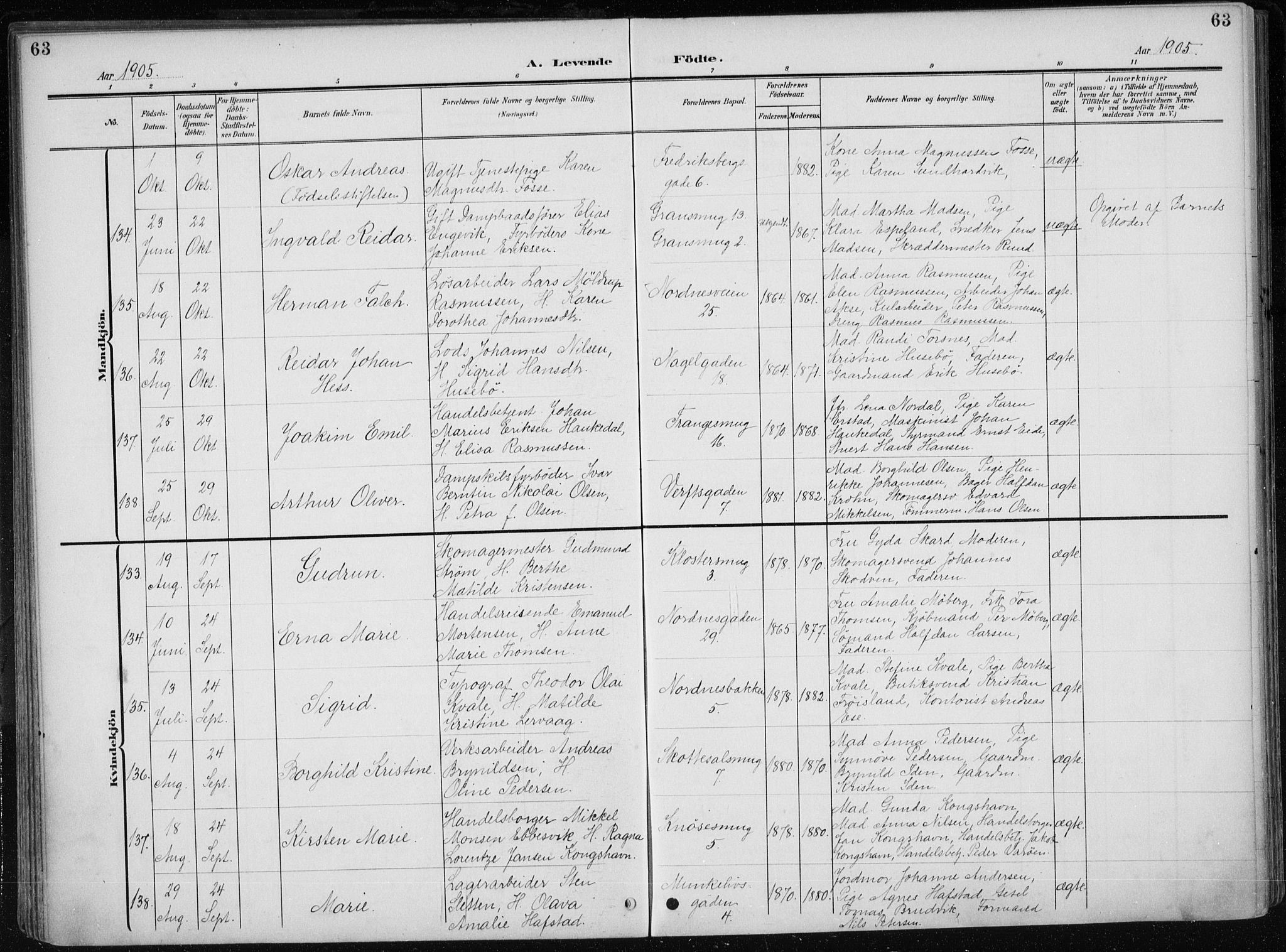 Nykirken Sokneprestembete, AV/SAB-A-77101/H/Haa/L0019: Parish register (official) no. B 7, 1904-1916, p. 63