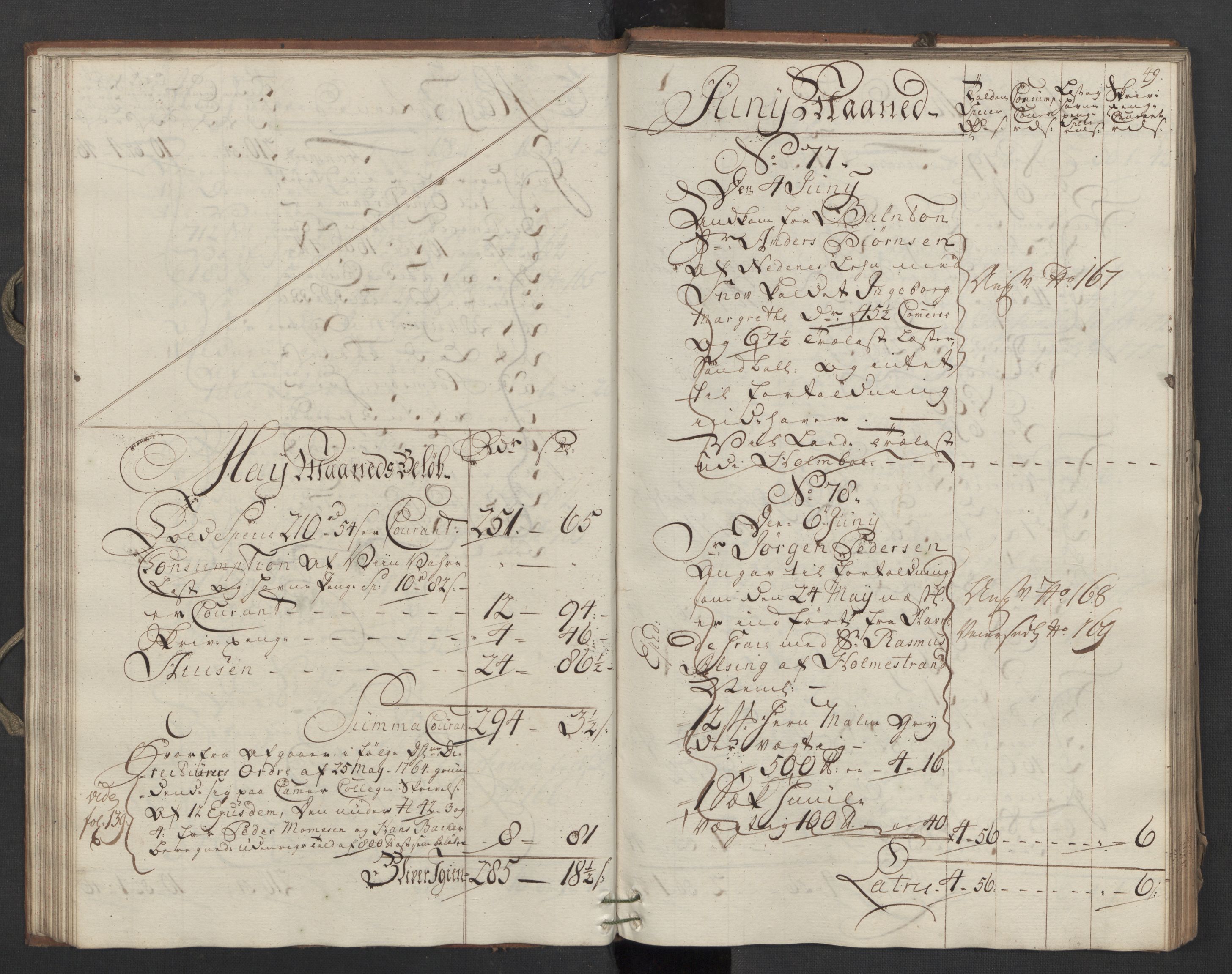 Generaltollkammeret, tollregnskaper, RA/EA-5490/R09/L0037/0001: Tollregnskaper Holmestrand / Inngående hovedtollbok, 1764, p. 48b-49a