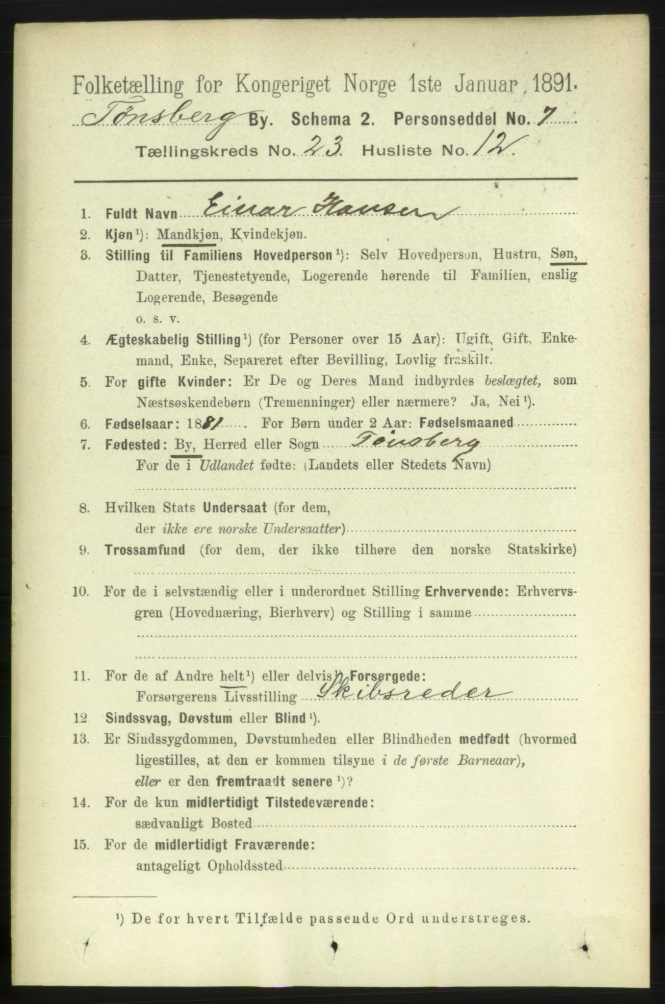 RA, 1891 census for 0705 Tønsberg, 1891, p. 6272