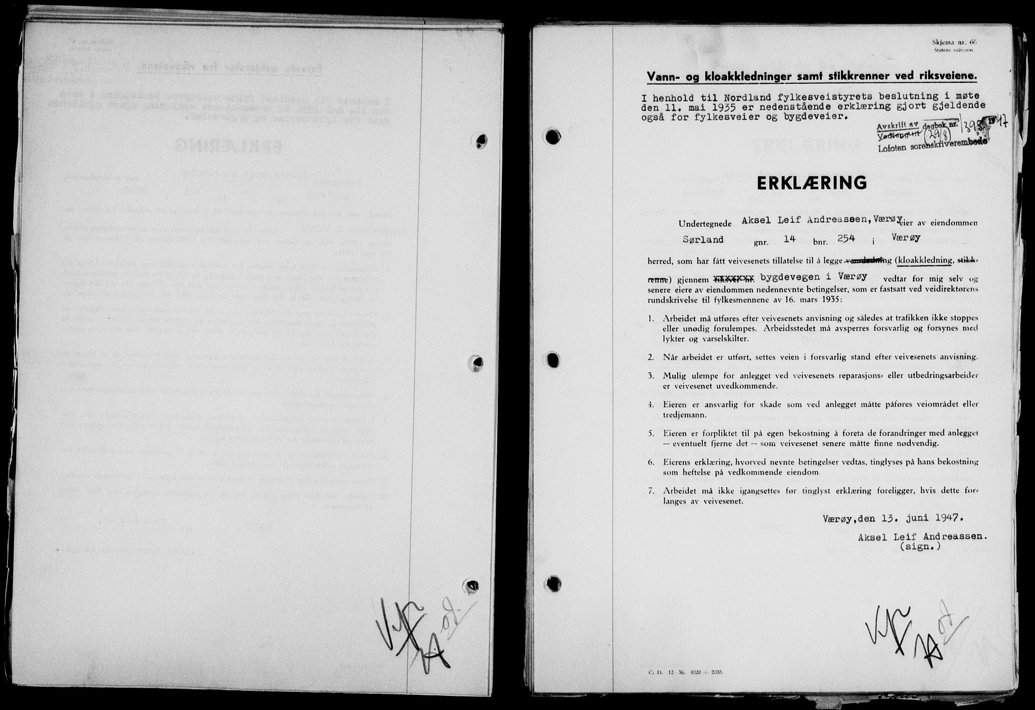 Lofoten sorenskriveri, SAT/A-0017/1/2/2C/L0016a: Mortgage book no. 16a, 1947-1947, Diary no: : 1395/1947