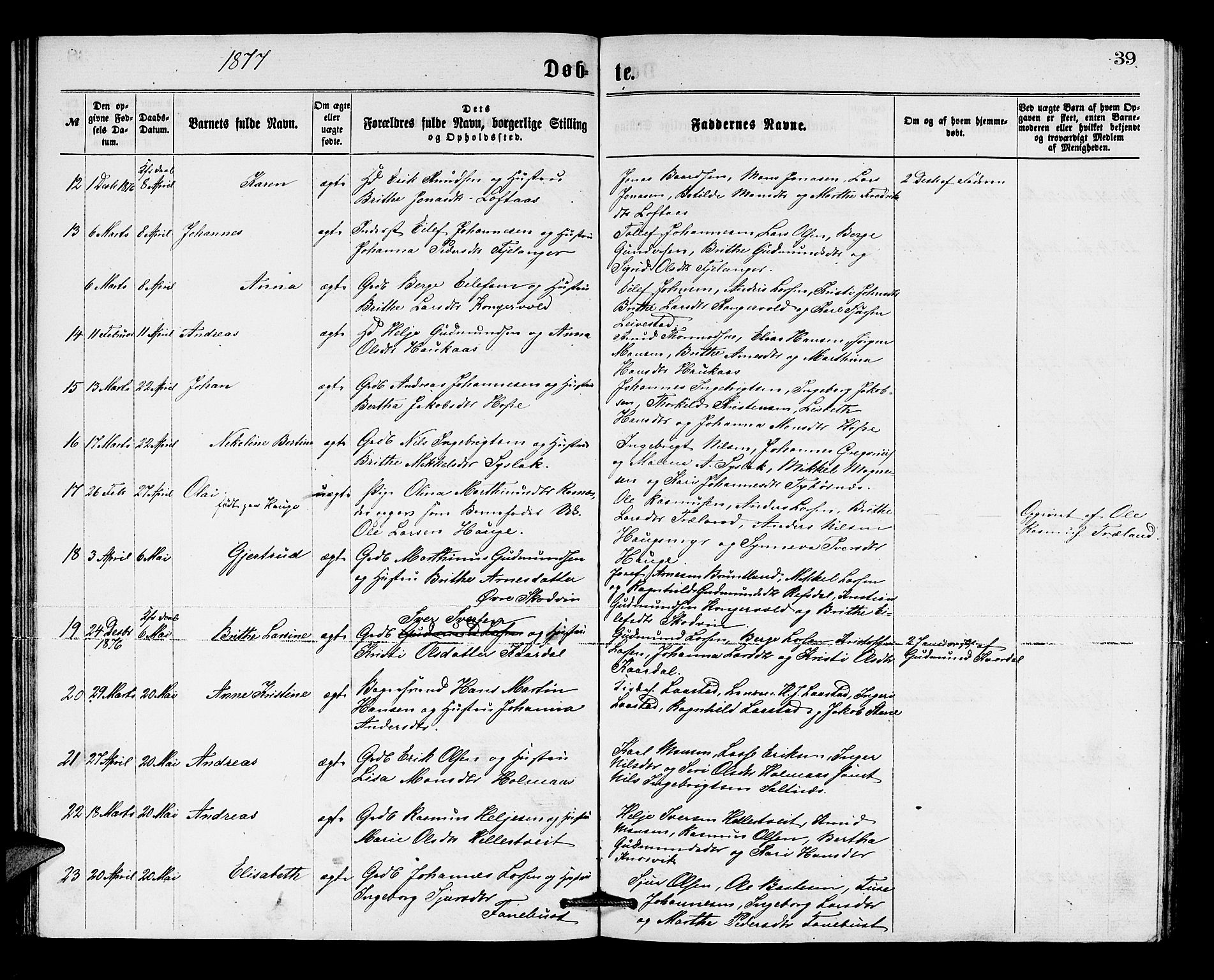 Lindås Sokneprestembete, SAB/A-76701/H/Hab: Parish register (copy) no. B 2, 1867-1885, p. 39