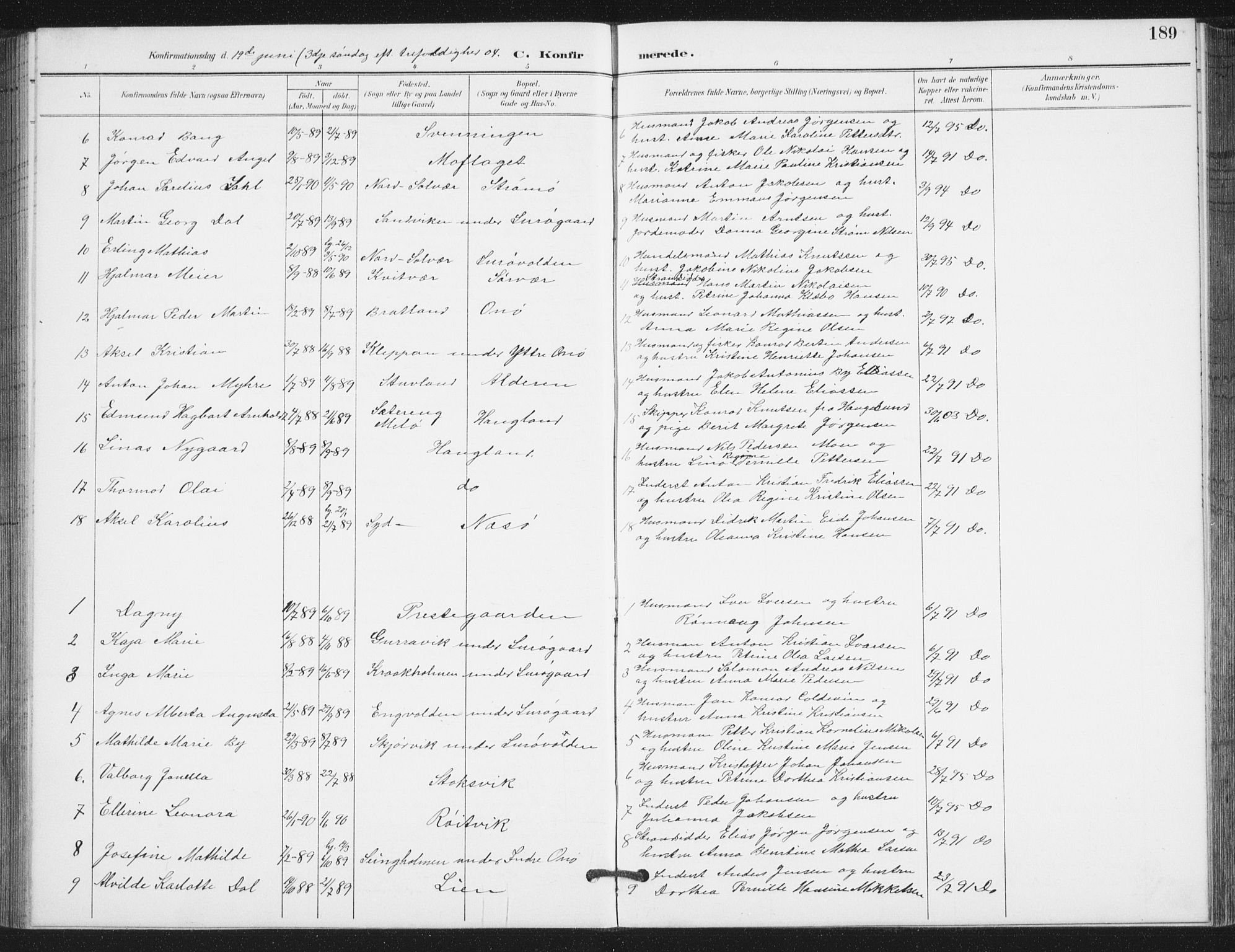 Ministerialprotokoller, klokkerbøker og fødselsregistre - Nordland, AV/SAT-A-1459/839/L0573: Parish register (copy) no. 839C03, 1892-1917, p. 189