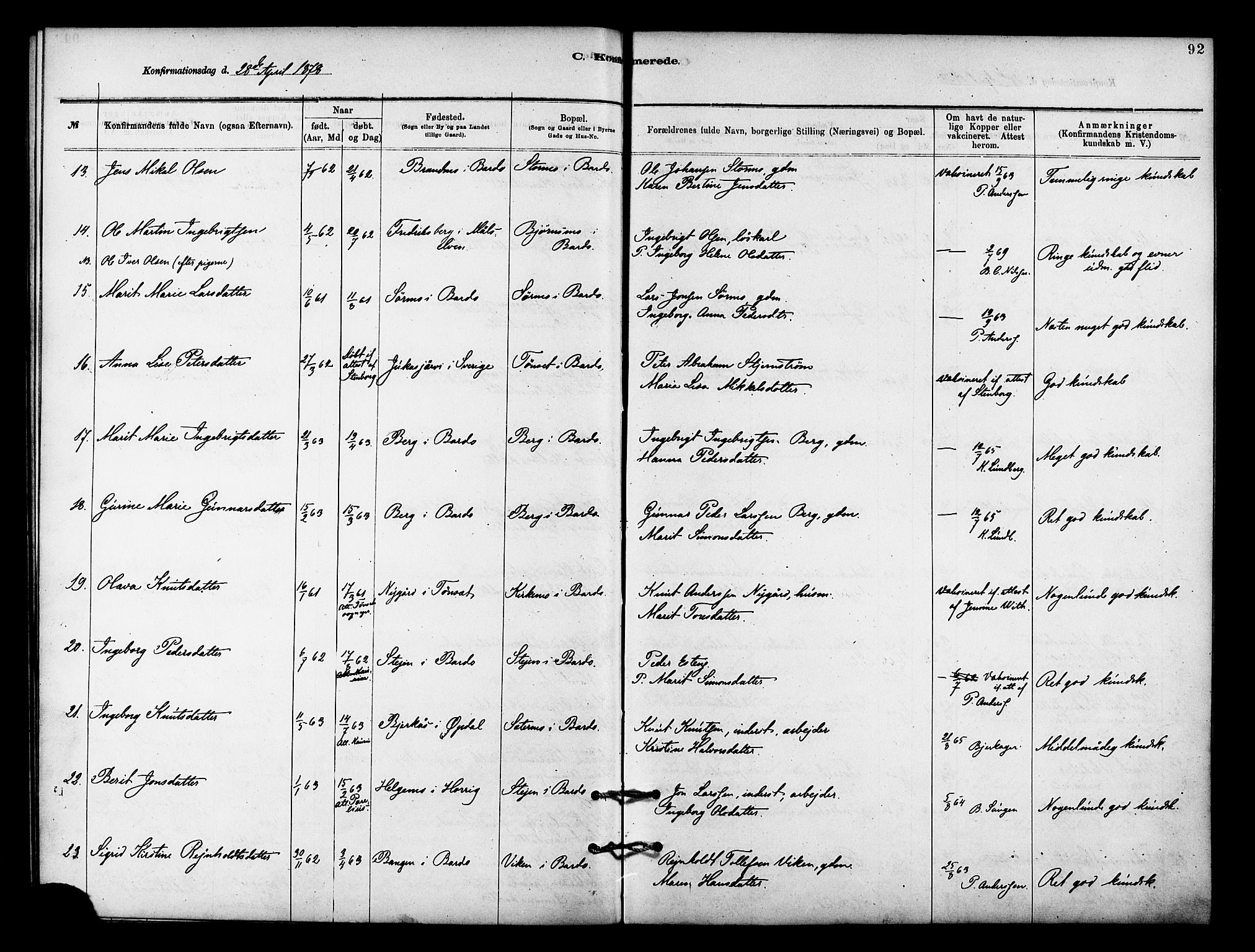 Målselv sokneprestembete, SATØ/S-1311/G/Ga/Gaa/L0009kirke: Parish register (official) no. 9, 1878-1889, p. 92