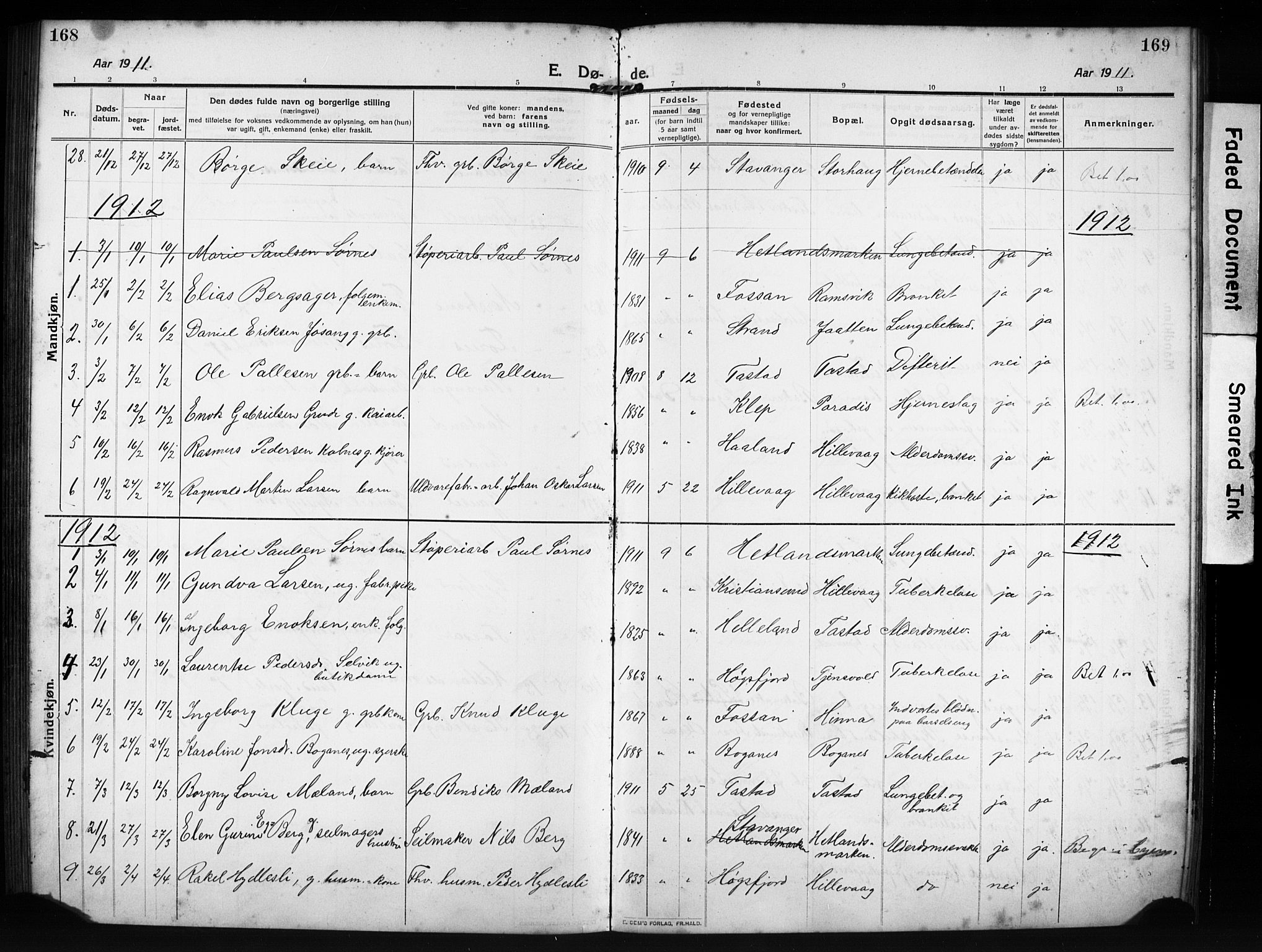 Hetland sokneprestkontor, AV/SAST-A-101826/30/30BB/L0009: Parish register (copy) no. B 9, 1910-1931, p. 168-169