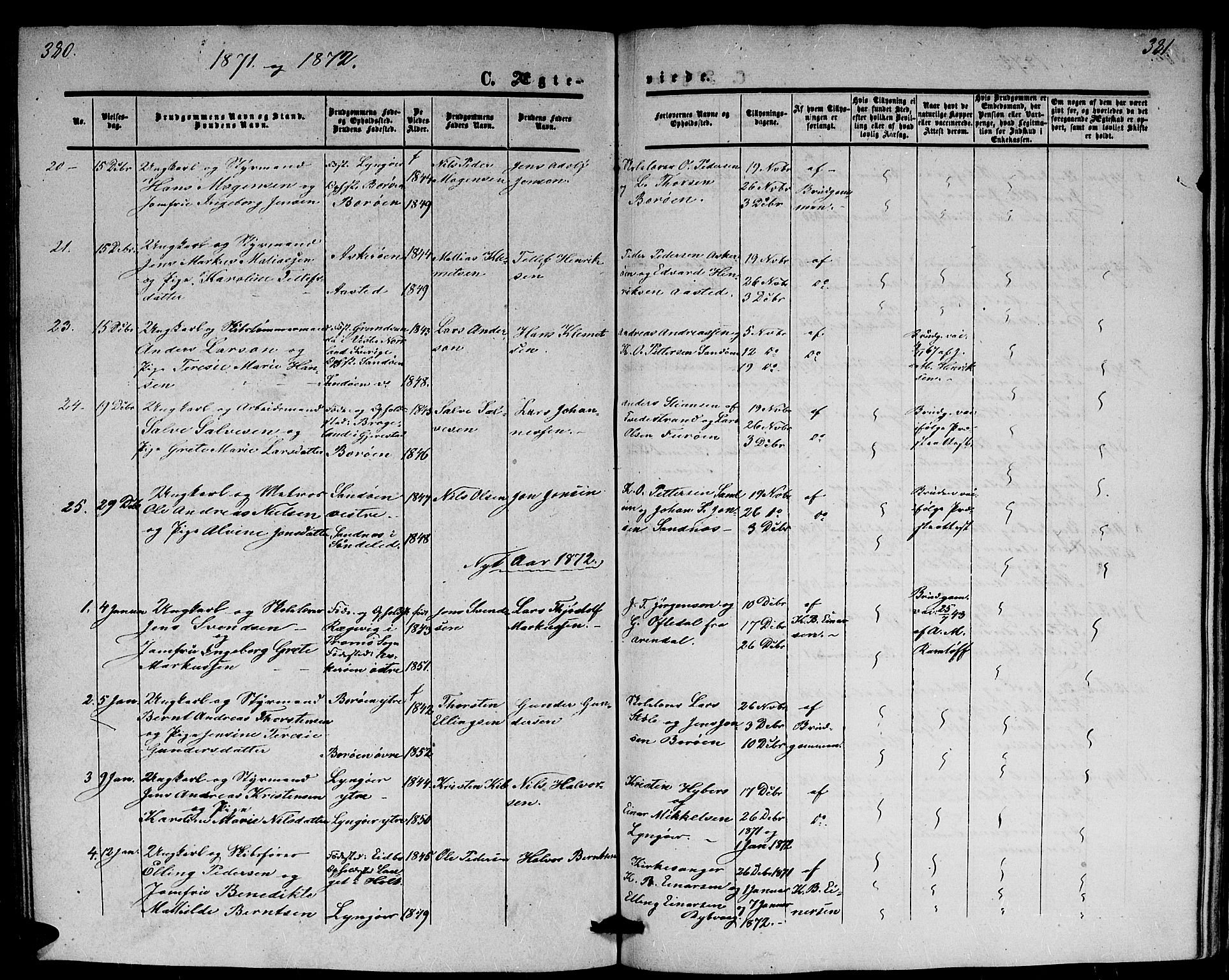 Dypvåg sokneprestkontor, SAK/1111-0007/F/Fb/Fba/L0011: Parish register (copy) no. B 11, 1857-1872, p. 380-381