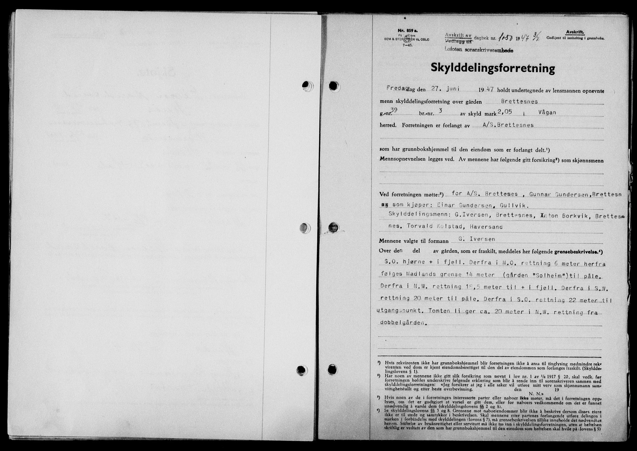 Lofoten sorenskriveri, SAT/A-0017/1/2/2C/L0016a: Mortgage book no. 16a, 1947-1947, Diary no: : 1050/1947