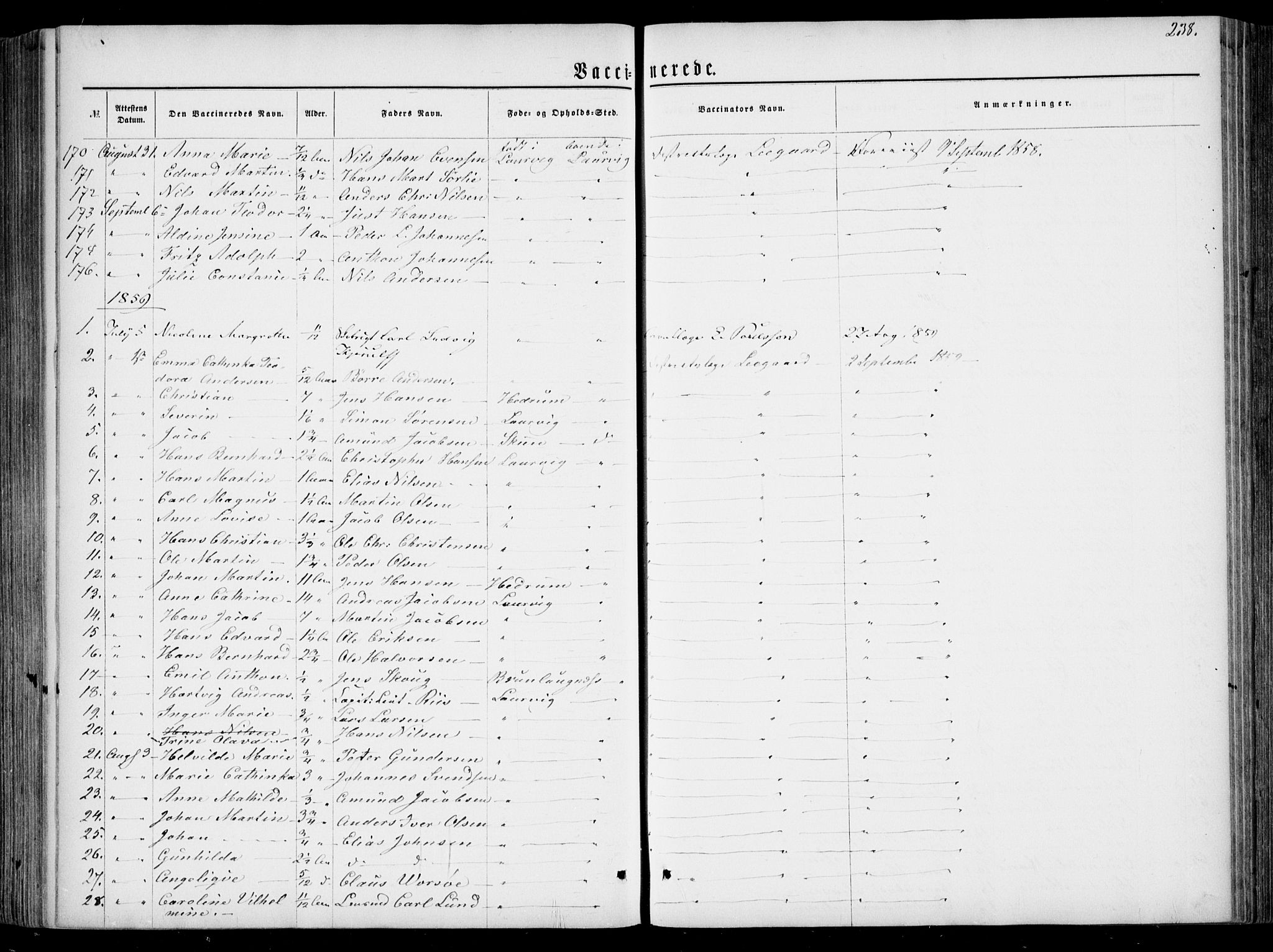 Larvik kirkebøker, SAKO/A-352/F/Fa/L0005: Parish register (official) no. I 5, 1856-1870, p. 238