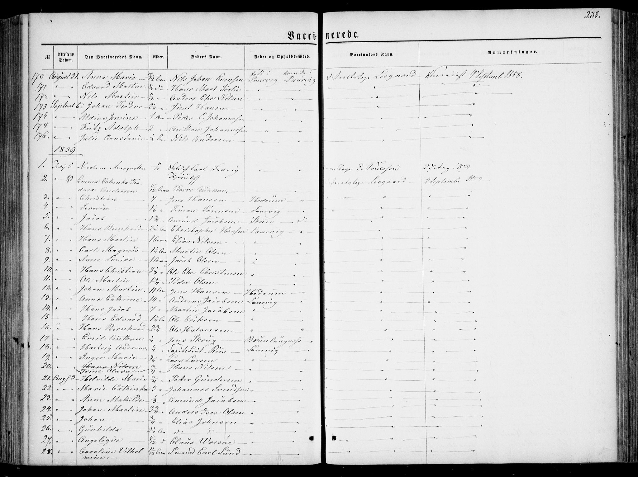 Larvik kirkebøker, AV/SAKO-A-352/F/Fa/L0005: Parish register (official) no. I 5, 1856-1870, p. 238